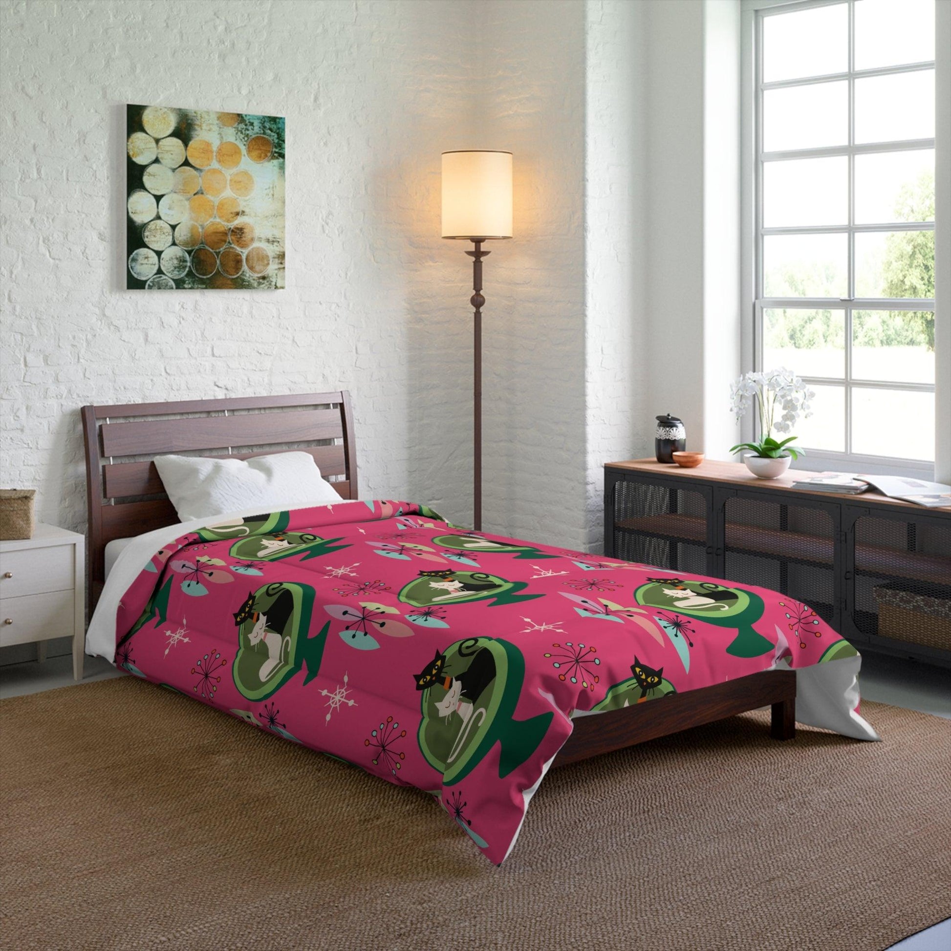 Retro 50s Atomic Cat Couple in Ball Chair Mid Century Mod Pink & Green Comforter | lovevisionkarma.com