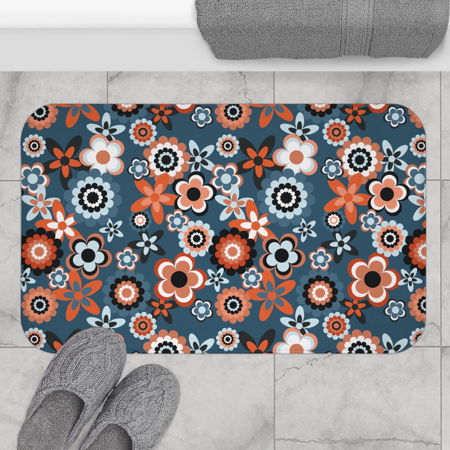Retro 60s 70s Groovy Flowers Boho Mid Century Mod Coral & Blue Bath Mat