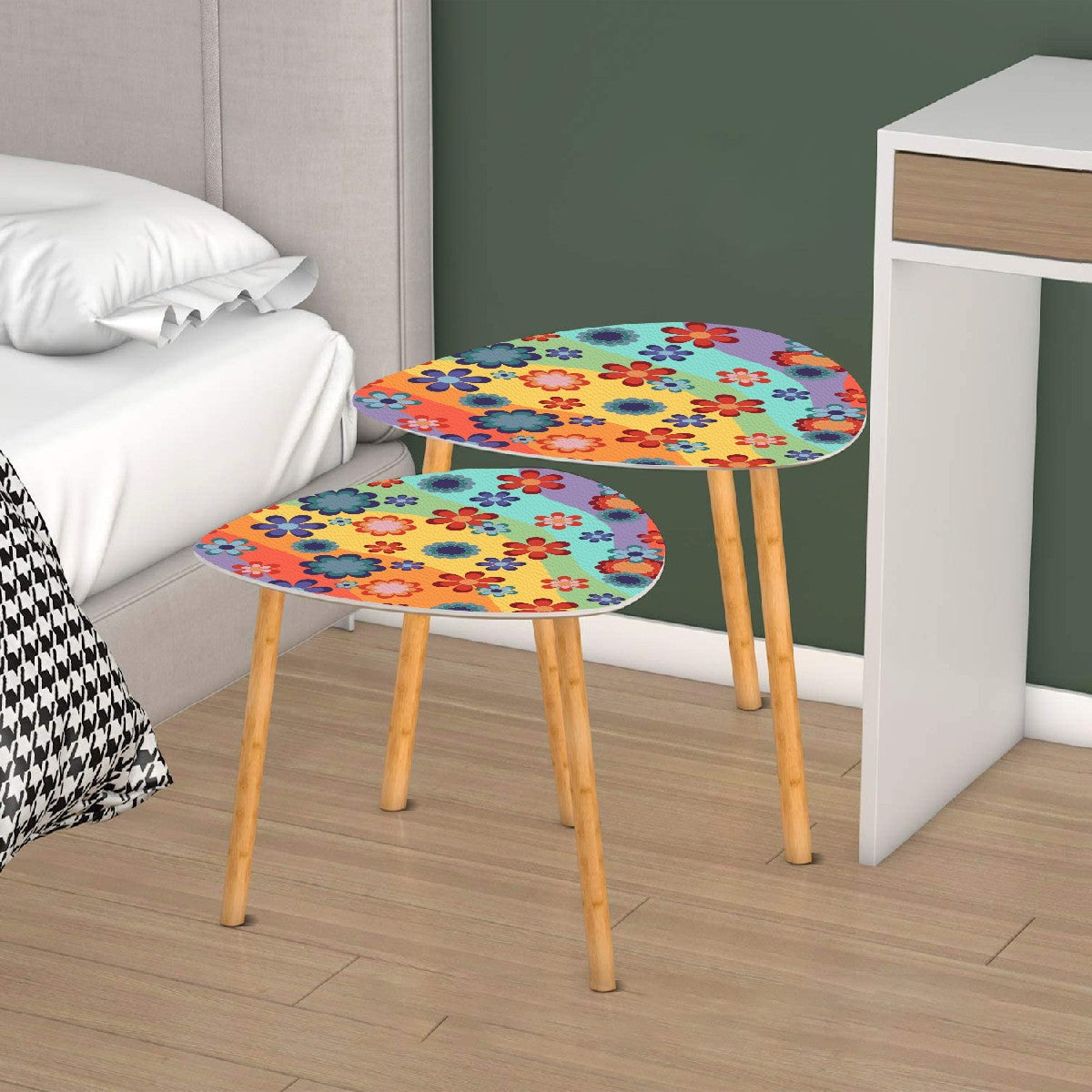 Groovy 60s 70s Hippie Flowers Retro Mid Century Mod Rainbow Nesting Accent Tables