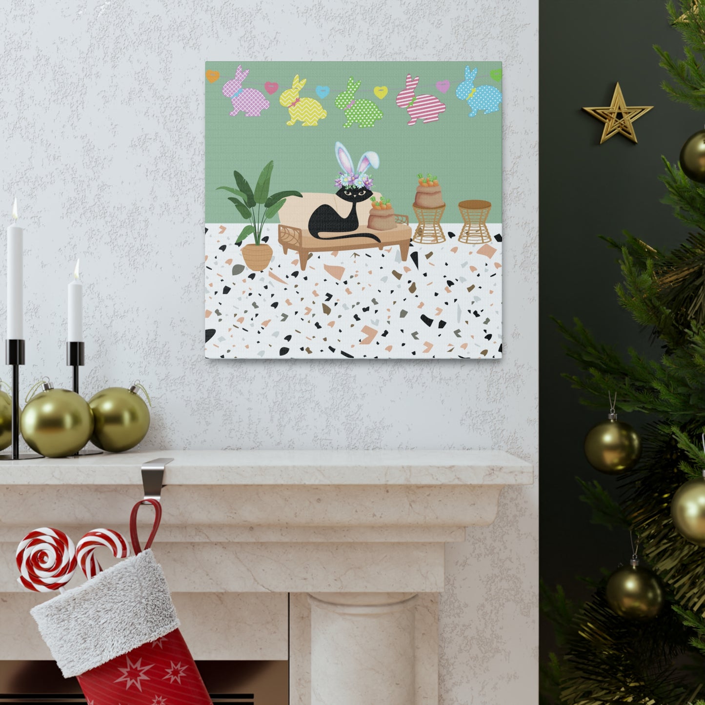 Retro Easter 1950's Atomic Cat Mid Century Mod Canvas Gallery Wrap