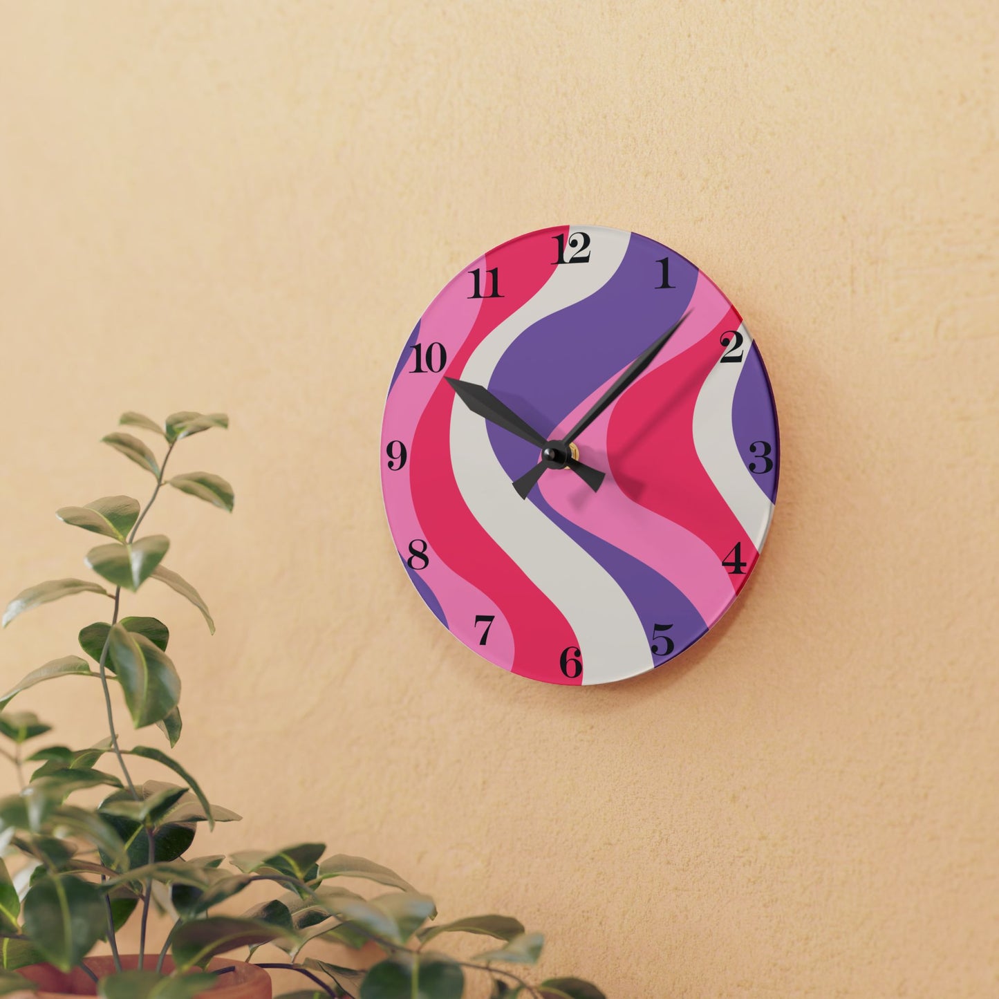 Groovy 60's Hippie Swirl Pink & Purple Mid Century Mod Acrylic Wall Clock