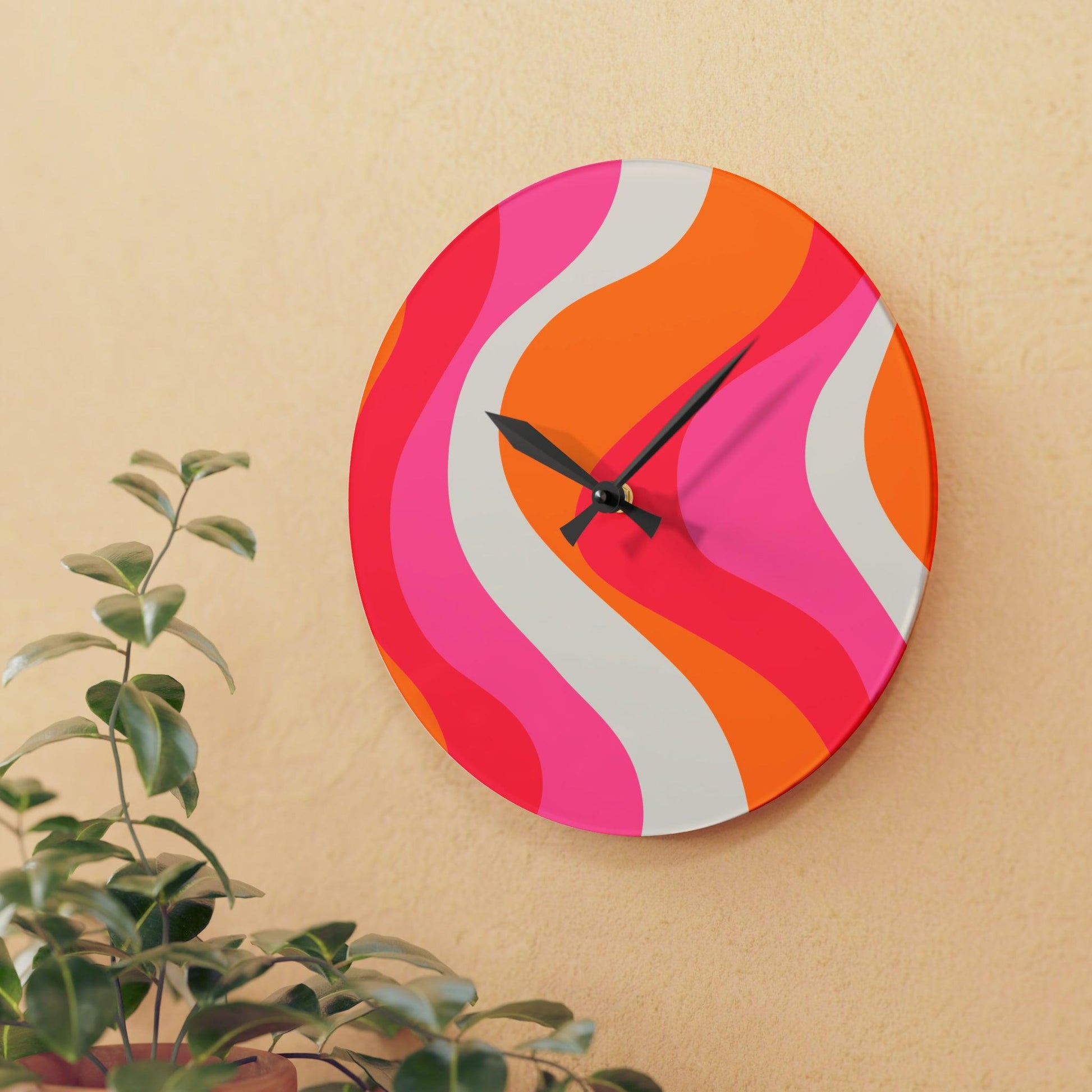 Groovy 60's Hippie Swirl Pink & Orange Mid Century Mod Acrylic Wall Clock | lovevisionkarma.com