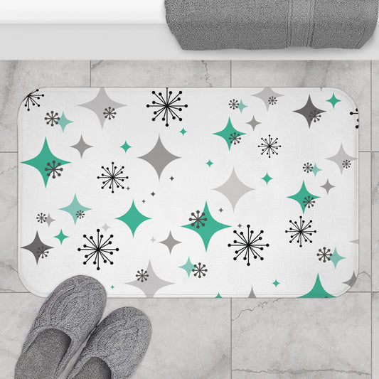 Retro Starbursts 50s Mid Century Mod Teal Green and Gray Bath Mat