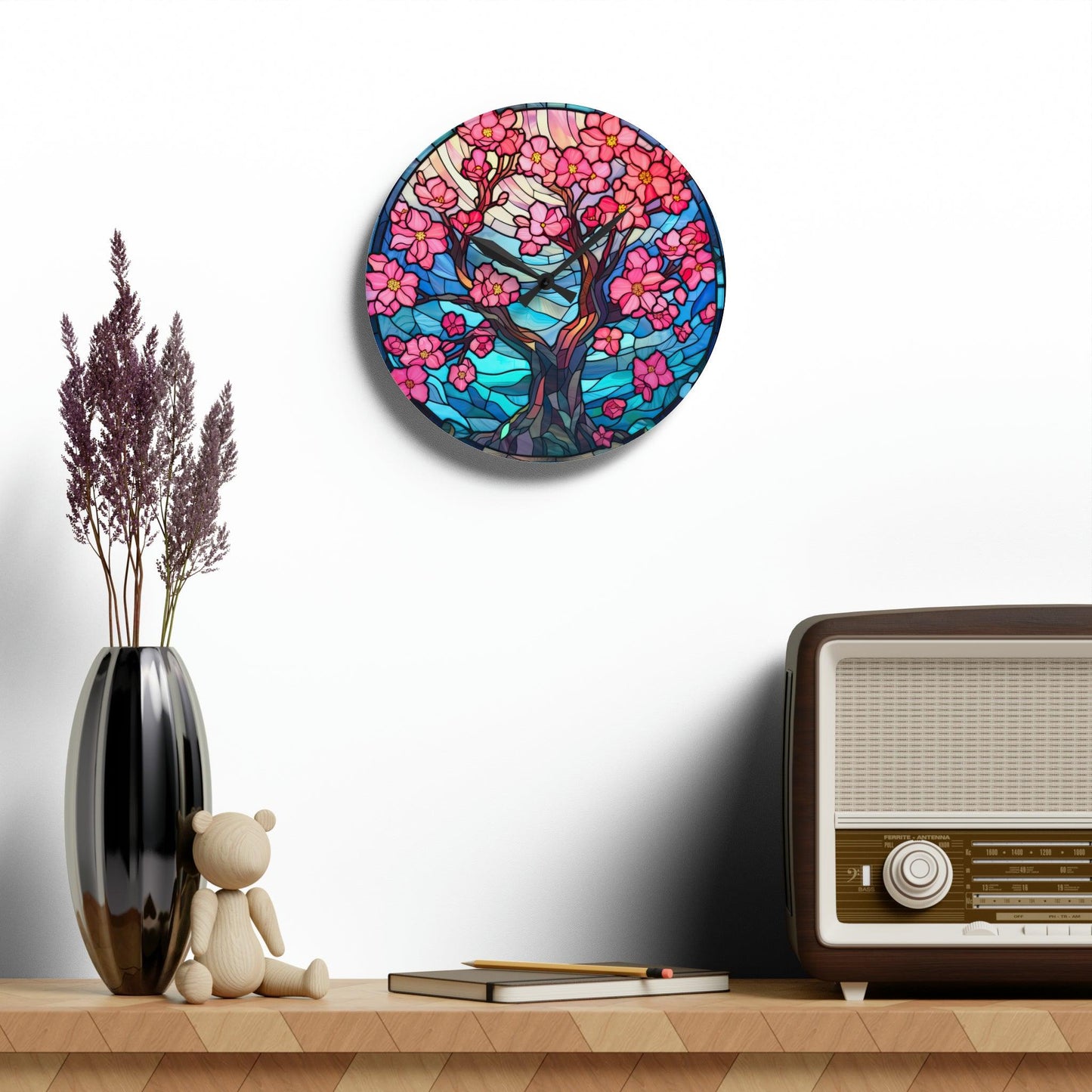 Cherry Blossom Tree Stained Glass Inspired, Sakura Pink & Blue Acrylic Wall Clock | lovevisionkarma.com