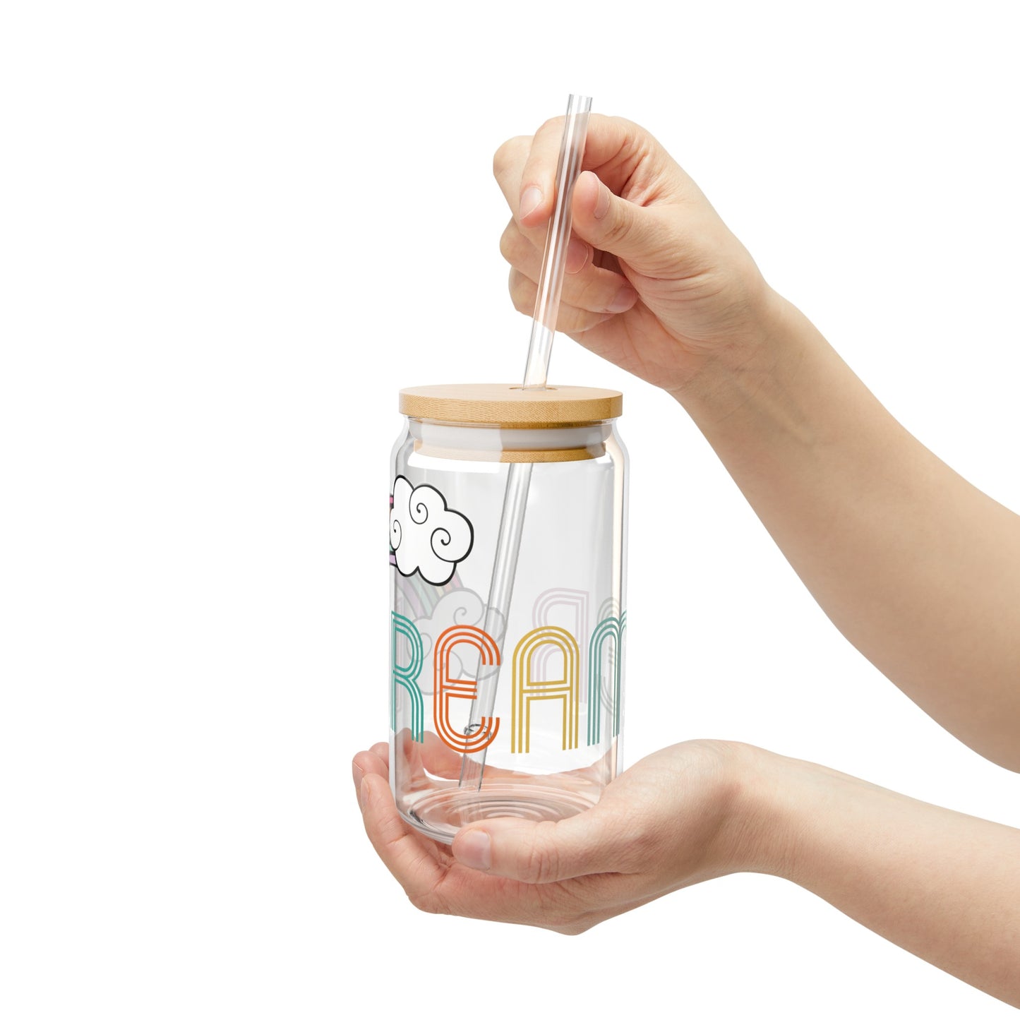 Rainbow and Cloud Dreamer Retro Aesthetic Multicolor Glass Can Sipper