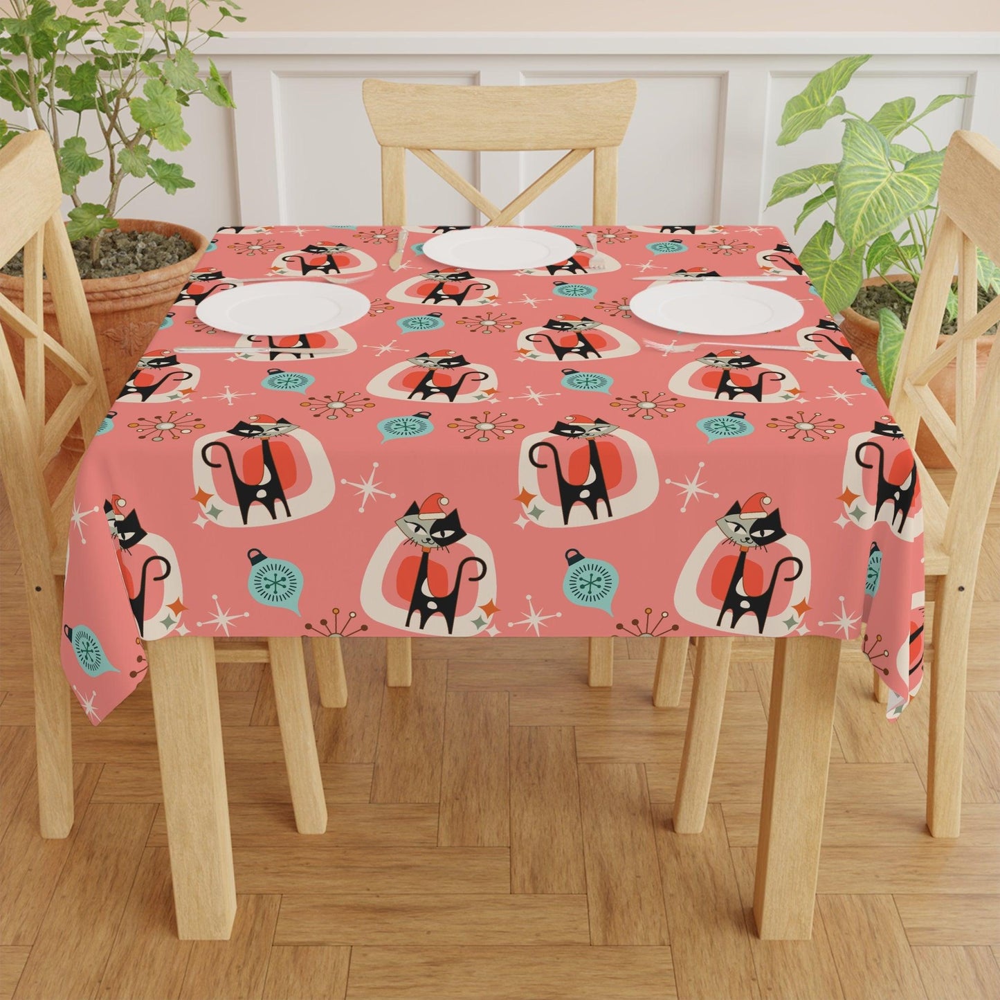 Retro 1950s Christmas Atomic Cat Mid Century Mod Coral Pink Holiday Tablecloth | lovevisionkarma.com