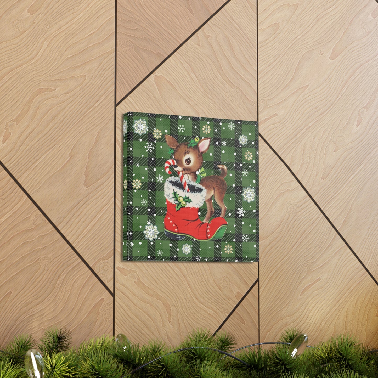 Retro 50s Christmas Vintage Reindeer MCM Green Canvas Gallery Wrap