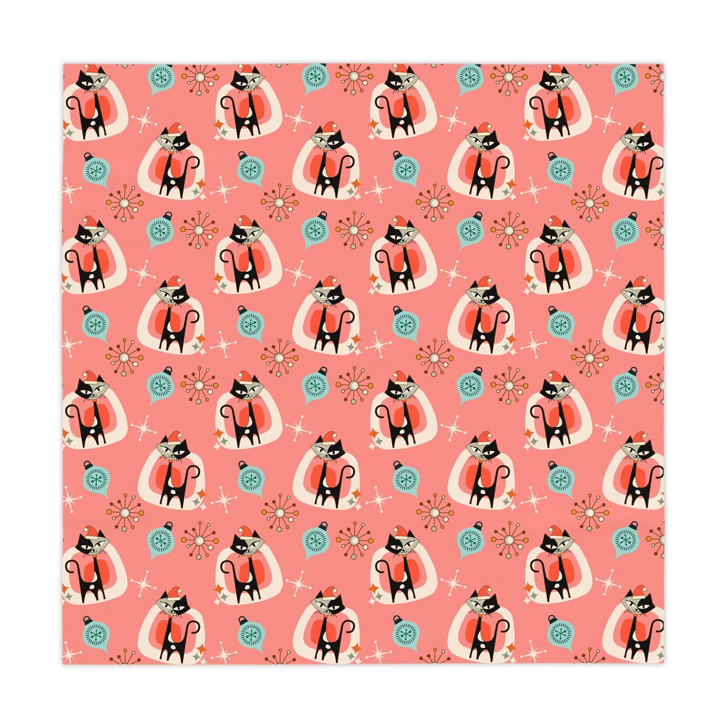 Retro 1950s Christmas Atomic Cat Mid Century Mod Coral Pink Holiday Tablecloth | lovevisionkarma.com