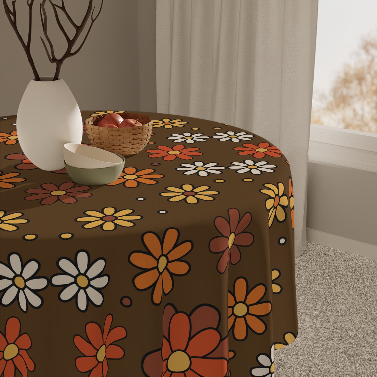 Retro 60s 70s Groovy Mod Daisy, Floral Mid Century Brown & Orange Tablecloth