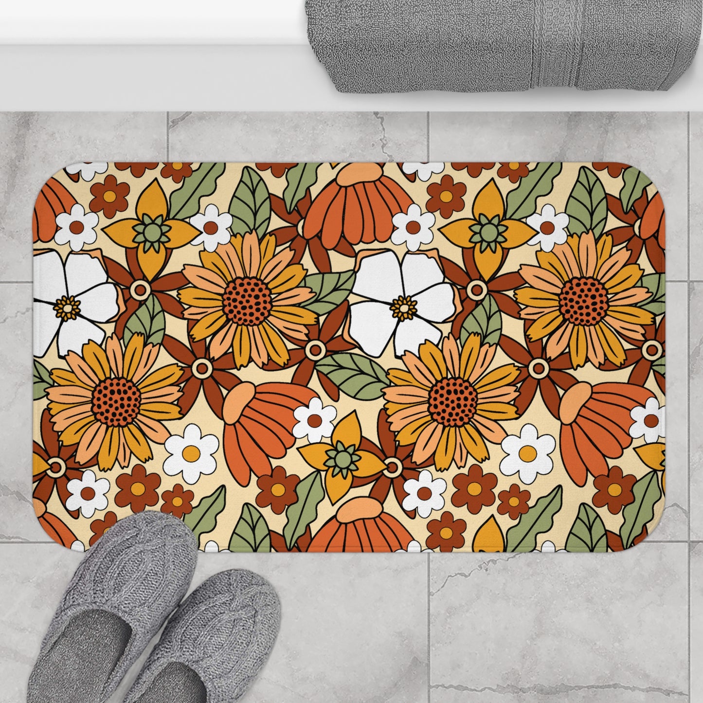Retro 60s 70s Boho Flowers Multicolor Bath Mat