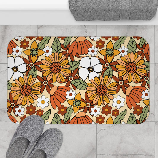 Retro 60s 70s Boho Flowers Multicolor Bath Mat