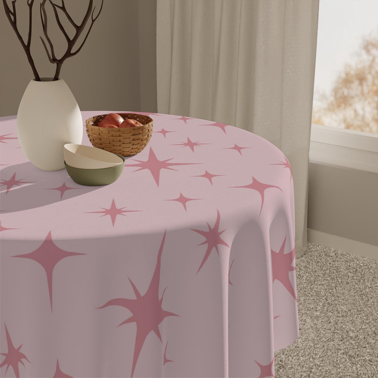 Retro 50s Pink Atomic Starbursts Mid Century Modern Tablecloth | lovevisionkarma.com