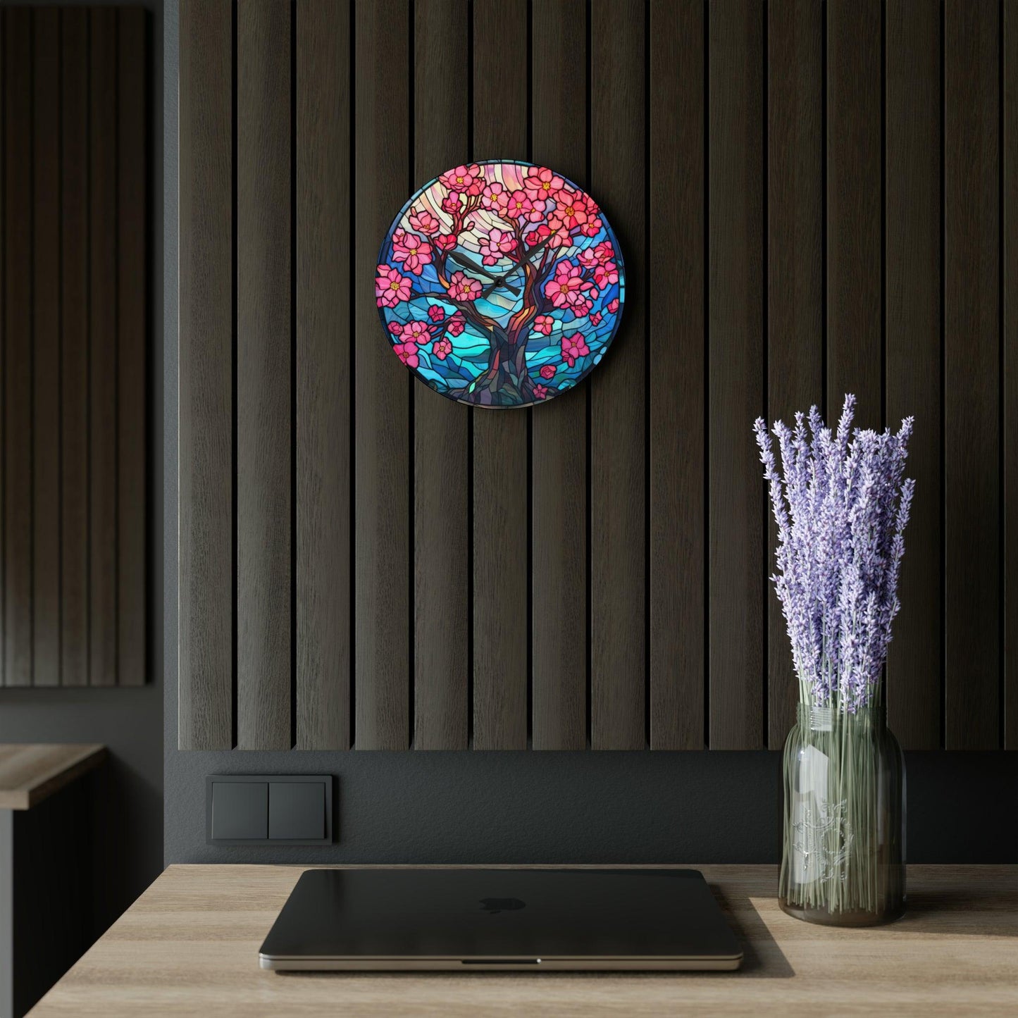 Cherry Blossom Tree Stained Glass Inspired, Sakura Pink & Blue Acrylic Wall Clock | lovevisionkarma.com