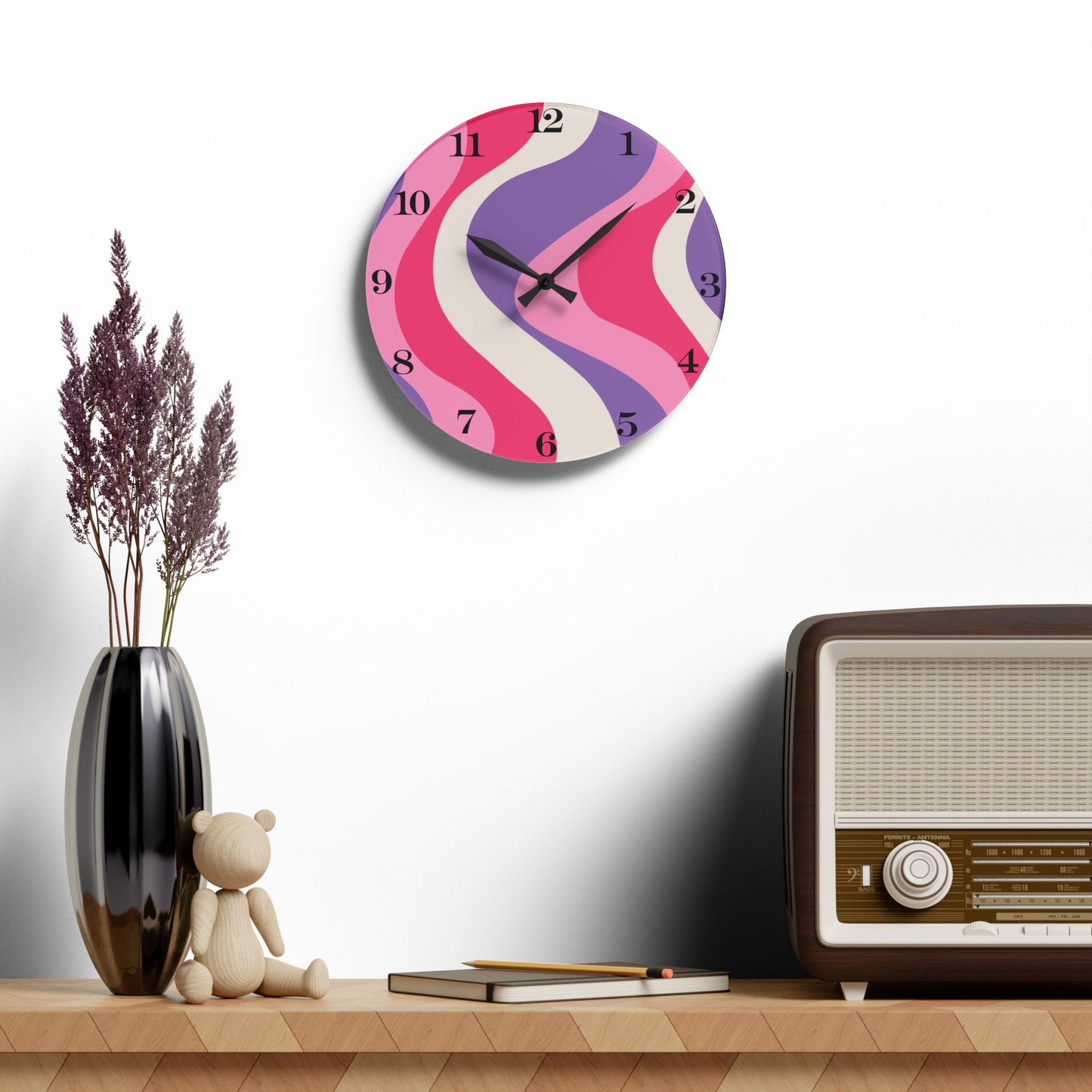 Groovy 60's Hippie Swirl Pink & Purple Mid Century Mod Acrylic Wall Clock