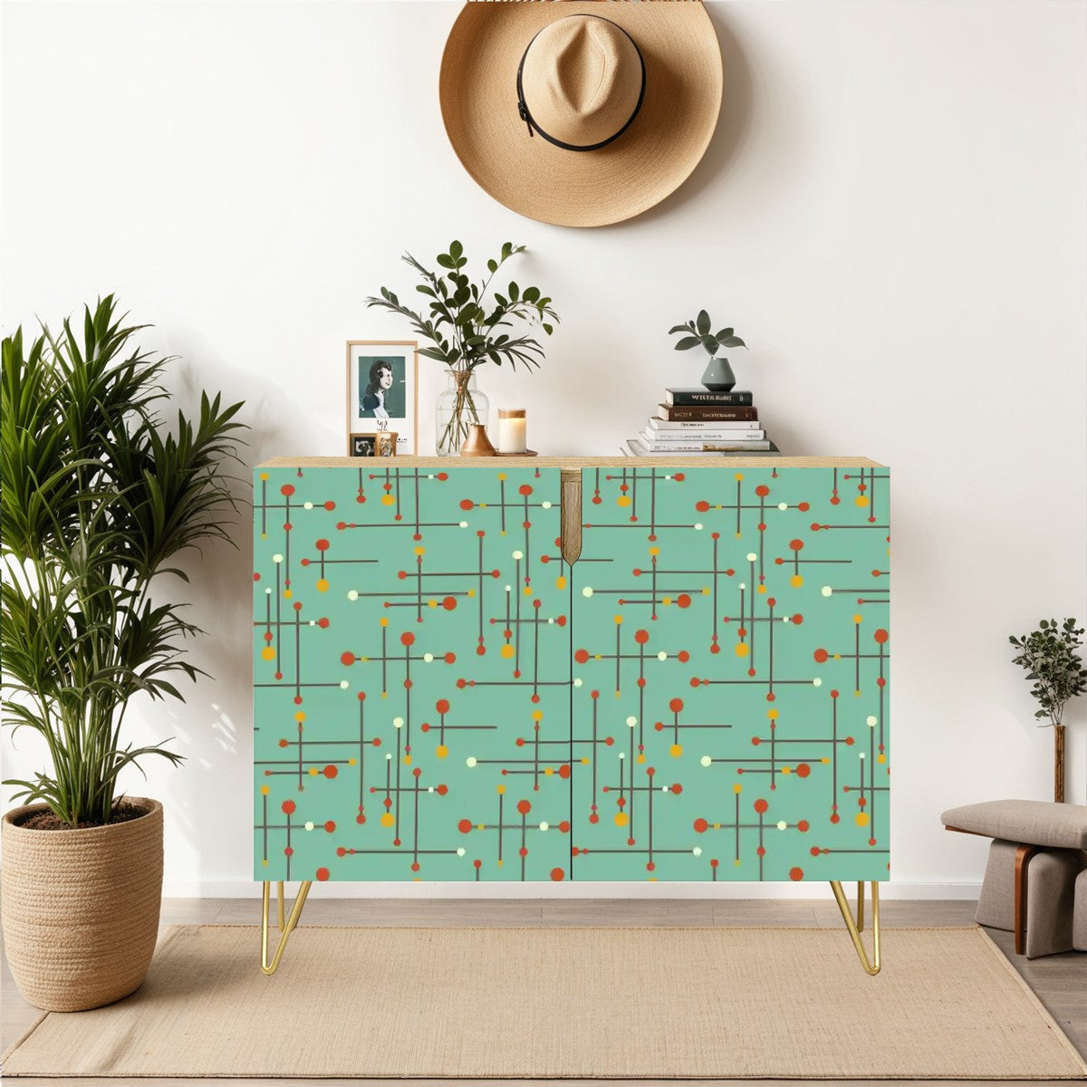 Retro 50's Eames Inspired Mid Century Mod Lines Teal Blue Sideboard, Credenza, Wooden Storage Cabinet