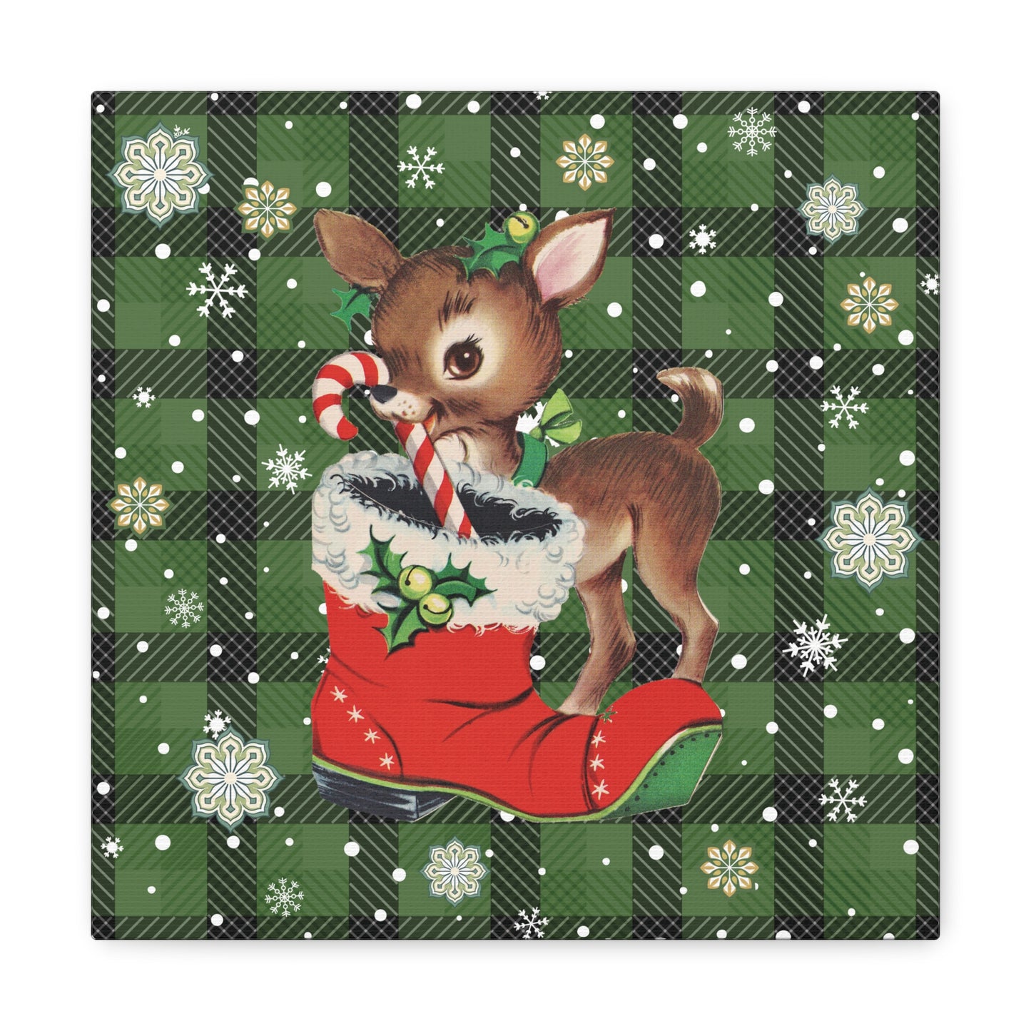 Retro 50s Christmas Vintage Reindeer MCM Green Canvas Gallery Wrap