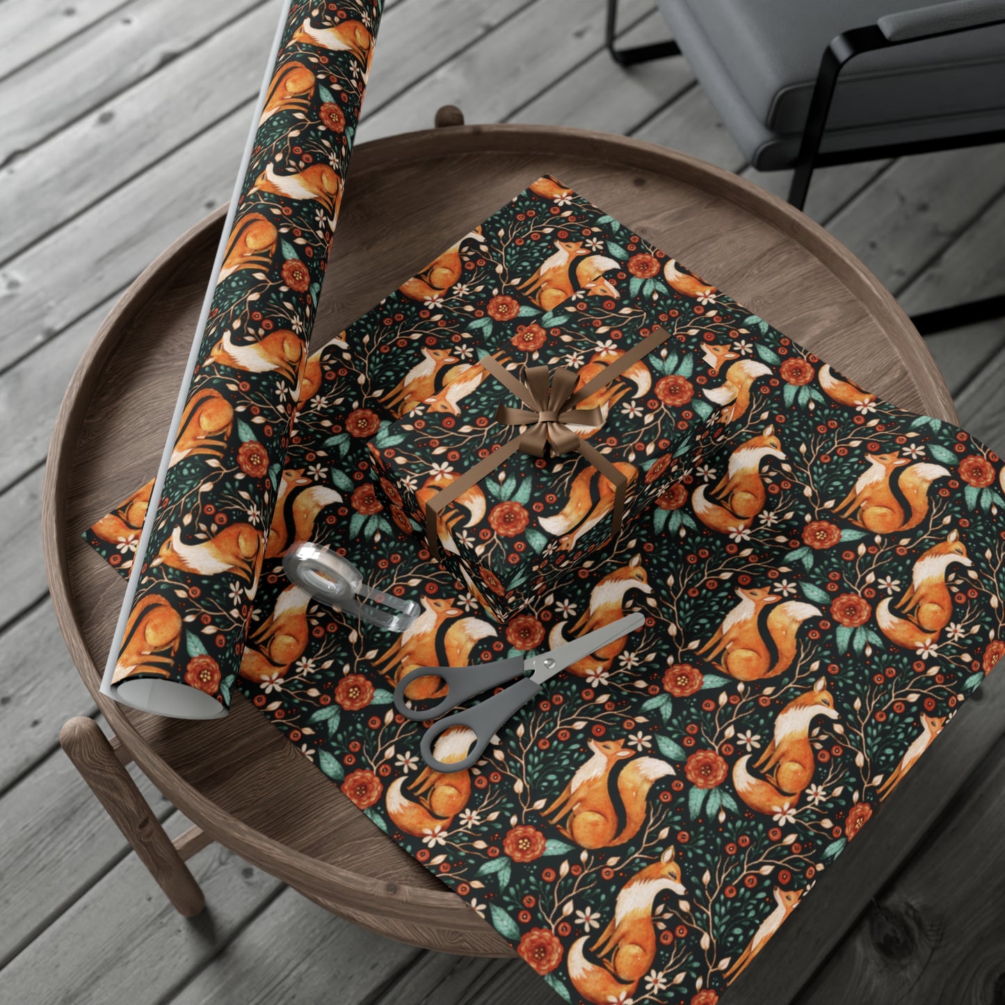 Enchanted Woodland Fox, Dark Cottagecore Watercolor Style Black Eco-Friendly Gift Wrap