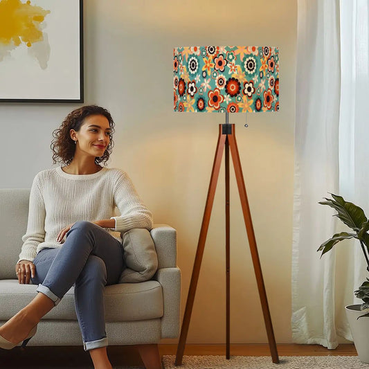 Retro 60s 70s Groovy Flowers Boho MCM Blue, Coral & Yellow Tripod Floor Lamp