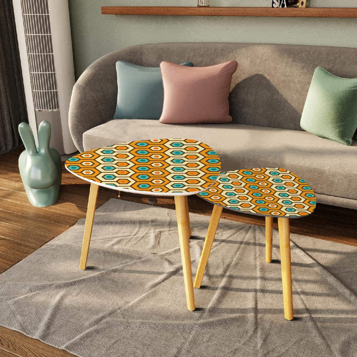 Retro 60s 70s Geometric Hexagon Mid Century Mod Orange & Teal Nesting Accent Tables