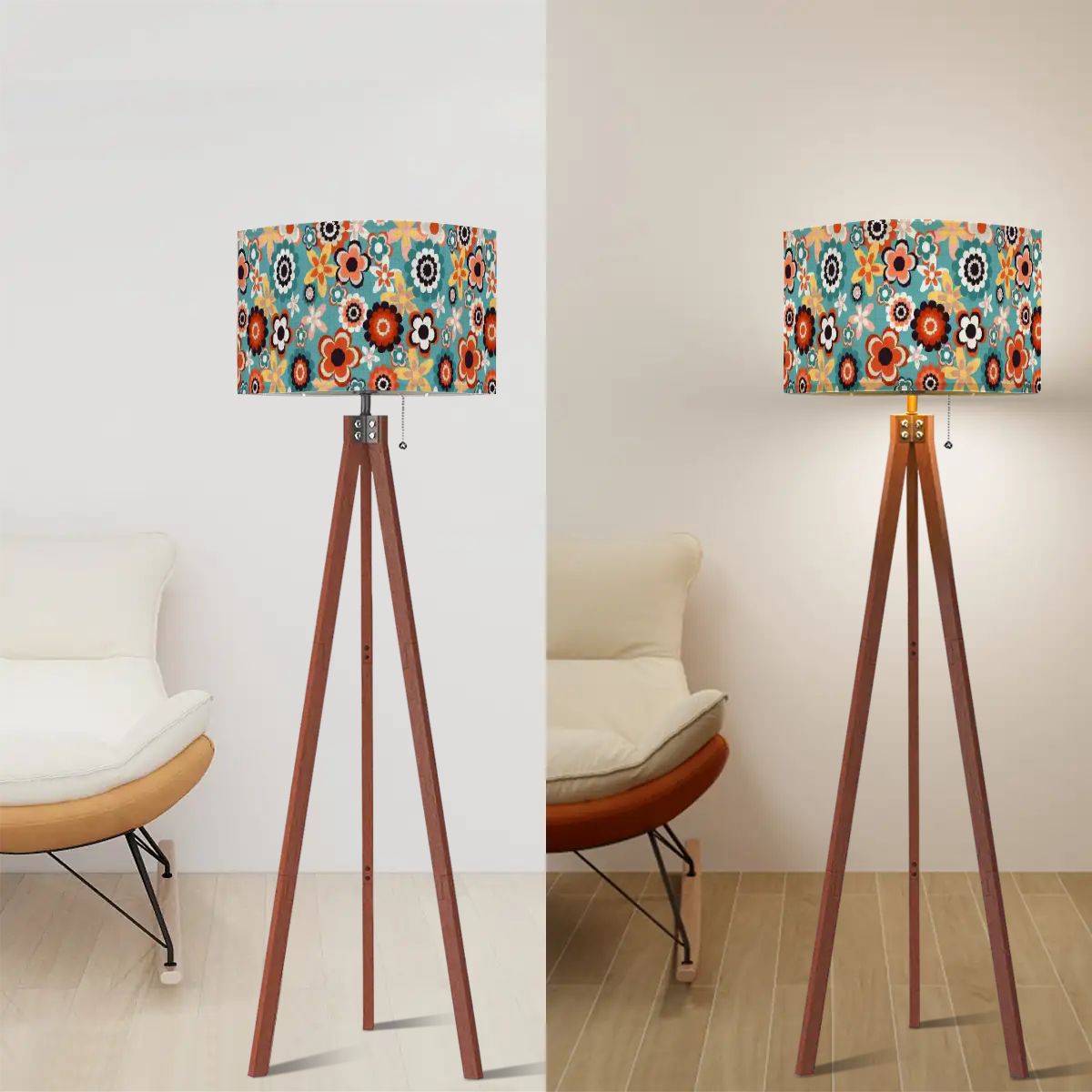 Retro 60s 70s Groovy Flowers Boho MCM Blue, Coral & Yellow Tripod Floor Lamp