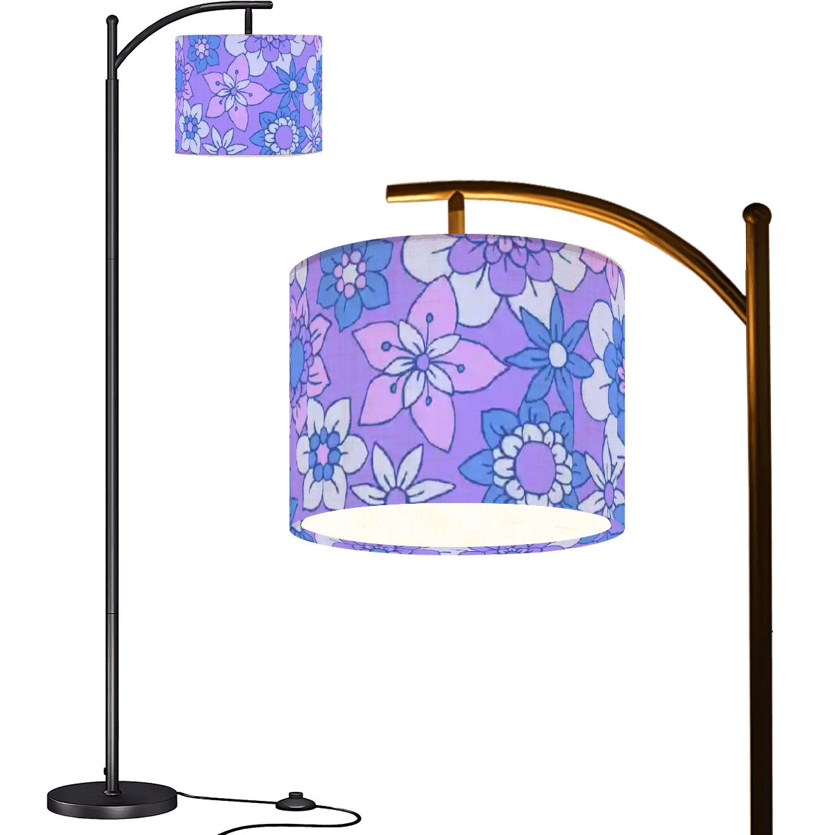 Retro 60s 70s Groovy Boho Flowers Purple & Blue Mid Century Modern Arc Floor Lamp