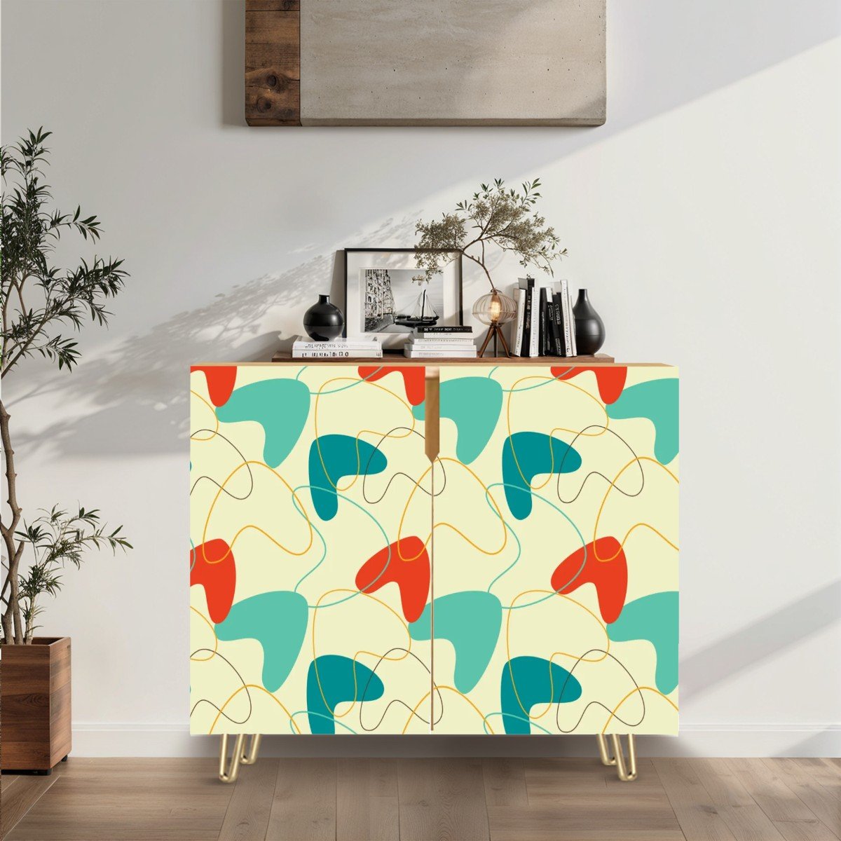 Retro 50's Atomic Boomerang Mid Century Mod Blue, Orange and Cream Sideboard, Credenza, Wooden Storage Cabinet