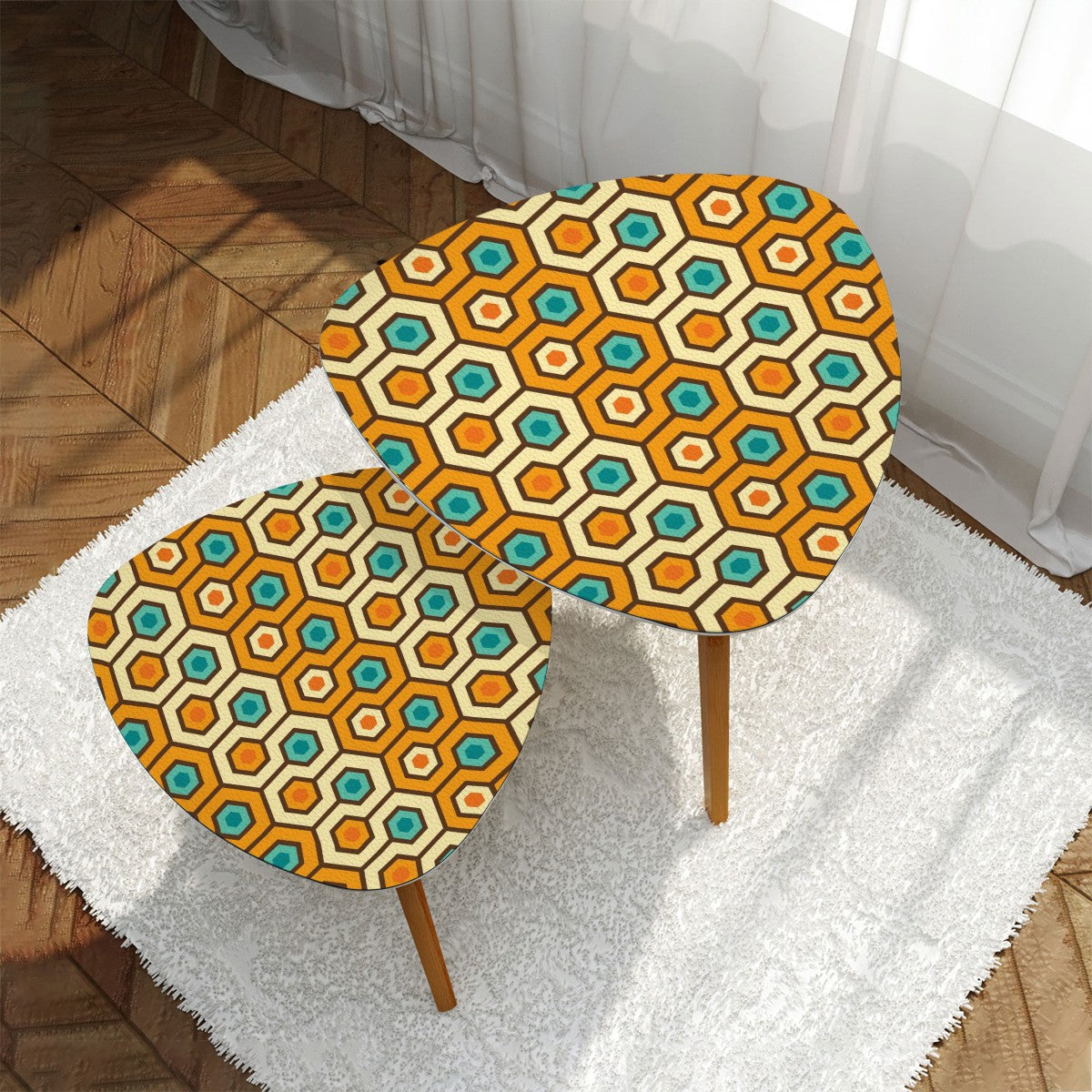 Retro 60s 70s Geometric Hexagon Mid Century Mod Orange & Teal Nesting Accent Tables