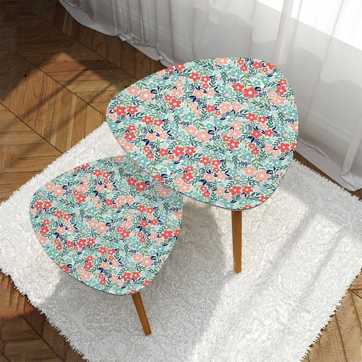 Retro Minimalist Scandi Flowers Cottagecore MCM Vintage Inspired Coral & Teal Nesting Accent Tables