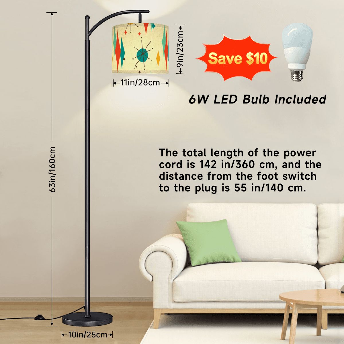 Retro 1950's Atomic Diamond and Starburst Mid Century Modern Arc Floor Lamp