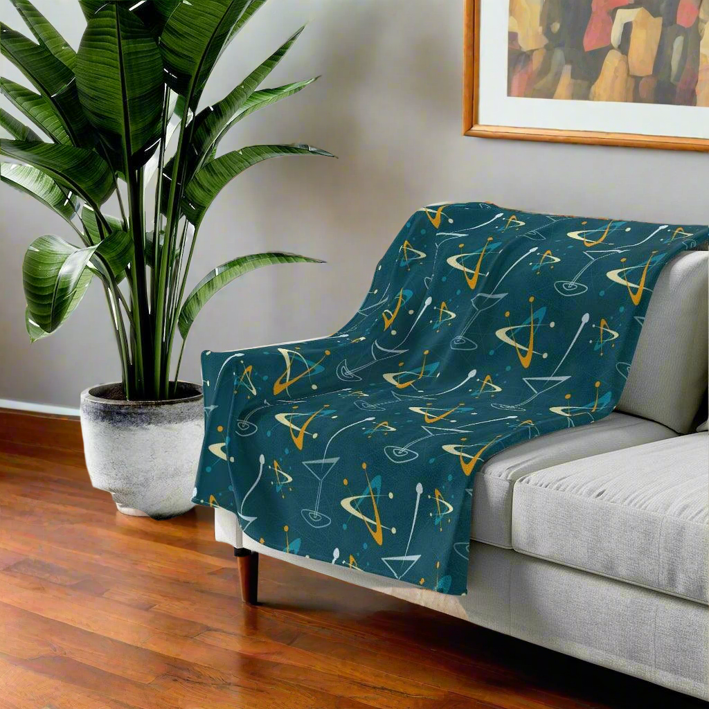 Atomic Boomerangs and Martinis Dark Blue Lightweight Velveteen Blanket