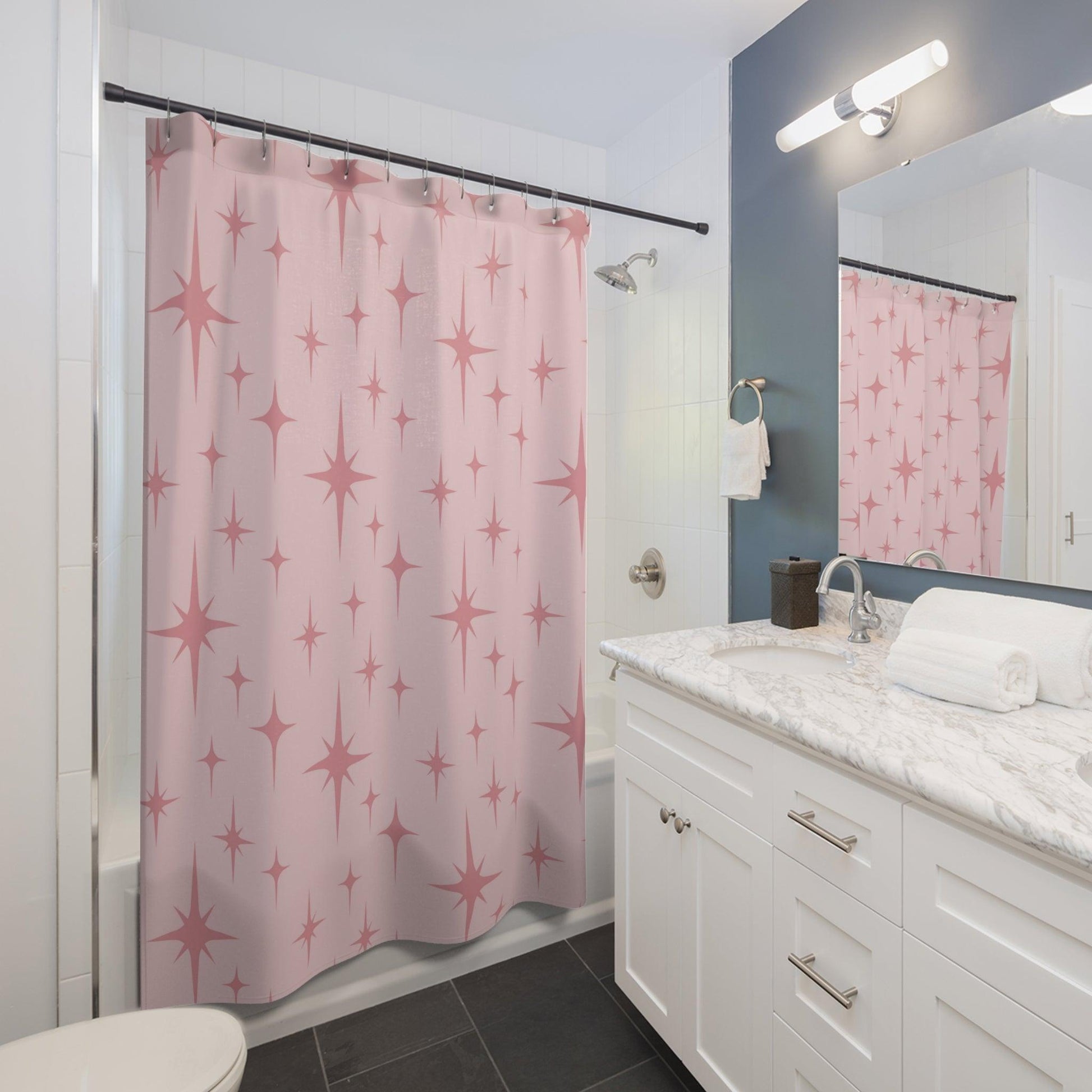 Retro 50s Pink Atomic Starburst Mid Century Modern Shower Curtain | lovevisionkarma.com