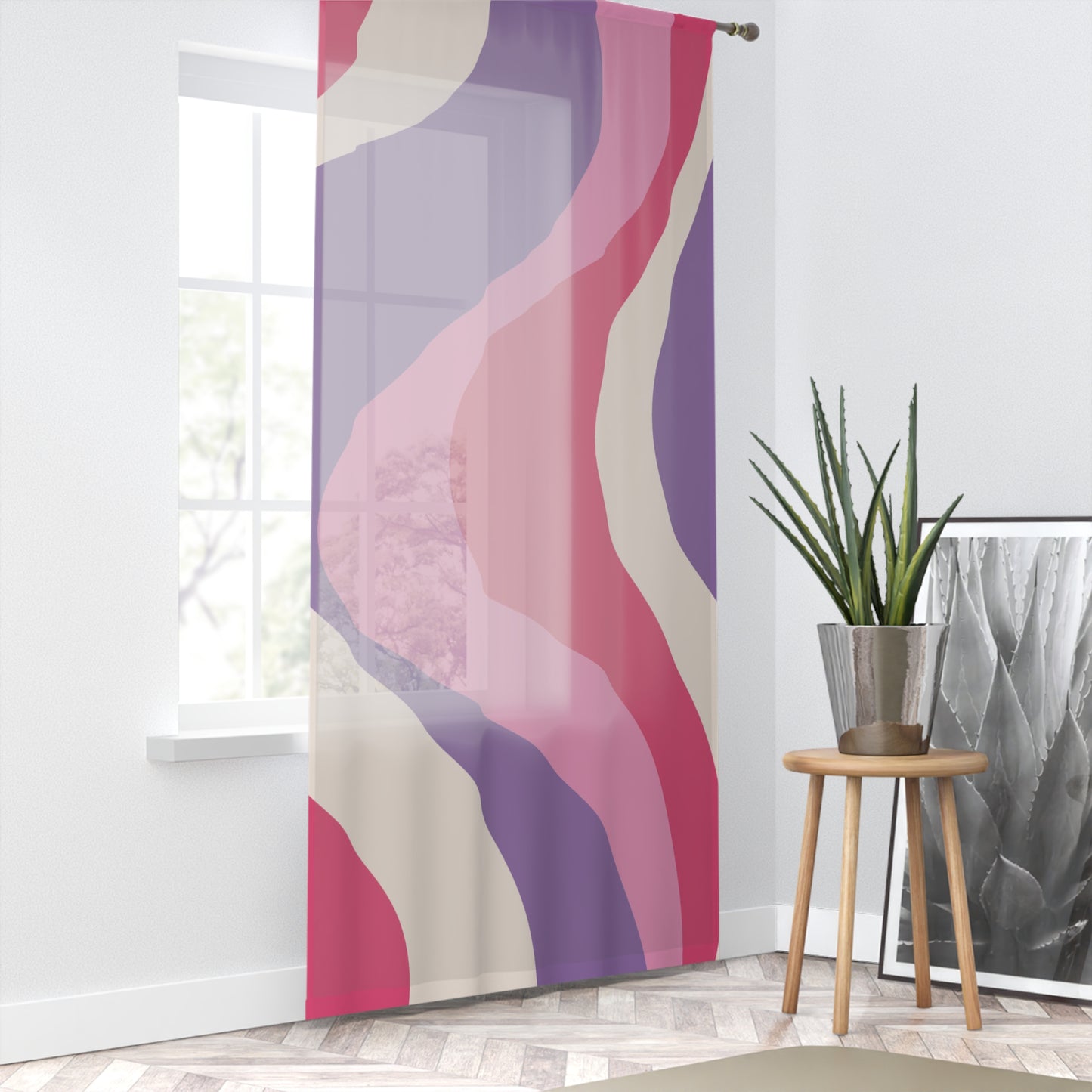 Retro 60s Groovy Hippie Swirl Mid Century Mod Pink & Purple Sheer Window Curtain