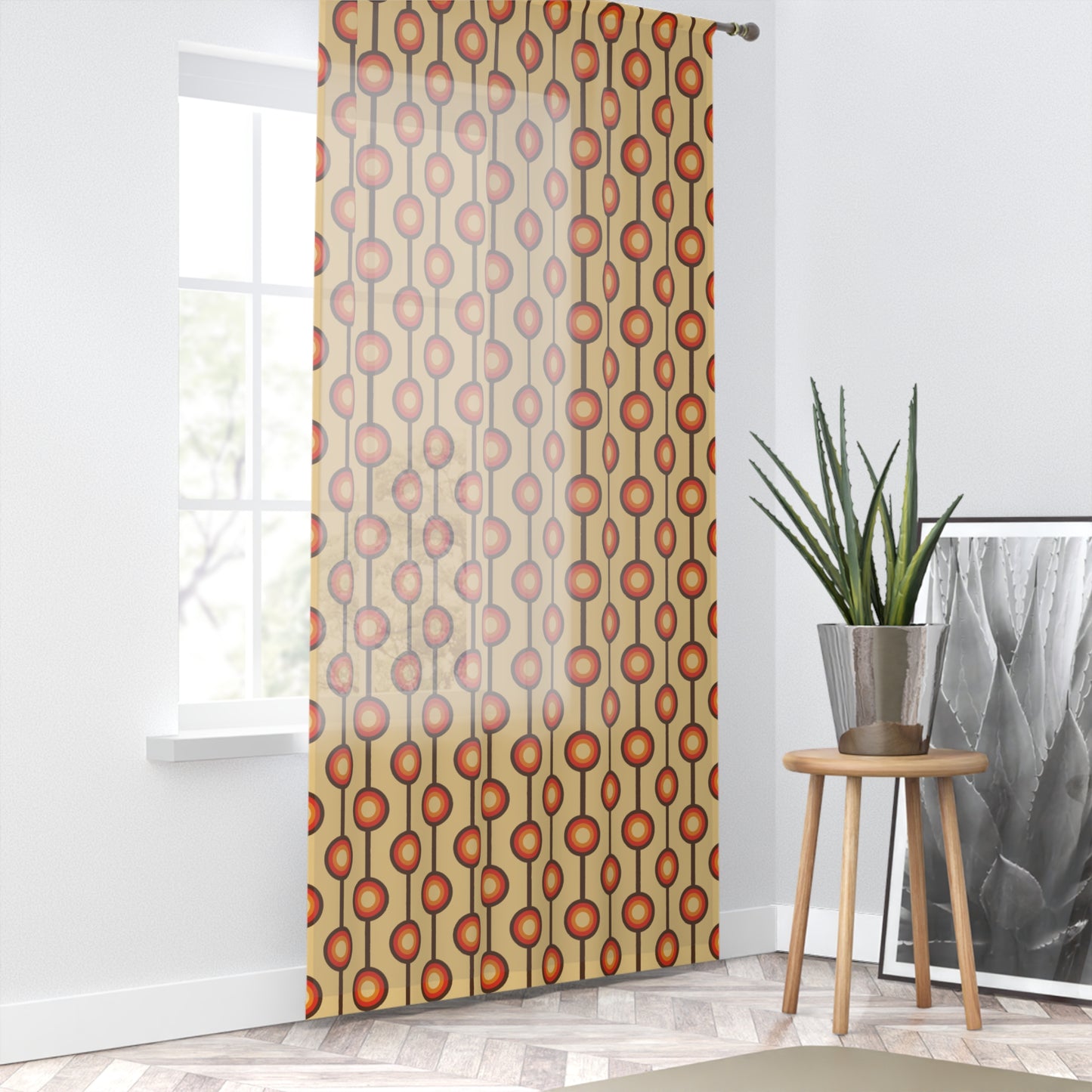 Funky 70s Retro MCM Brown, Orange & Beige Sheer Window Curtain