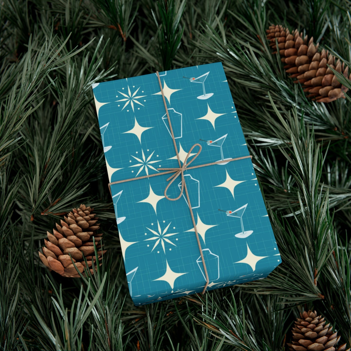 Retro 50's Atomic Starburst & Martinis Mid Century Mod Blue Eco-Friendly Gift Wrap
