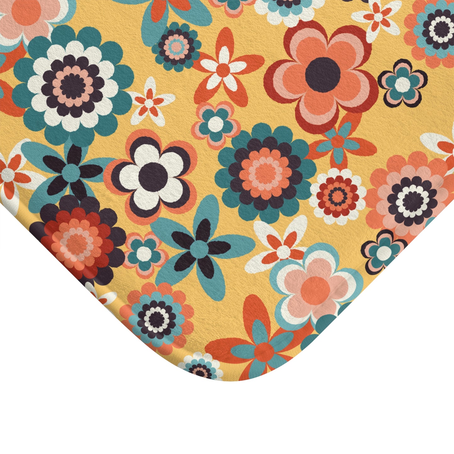 Retro 60s 70s Groovy Flowers Boho Mid Century Mod Yellow, Coral & Blue Bath Mat