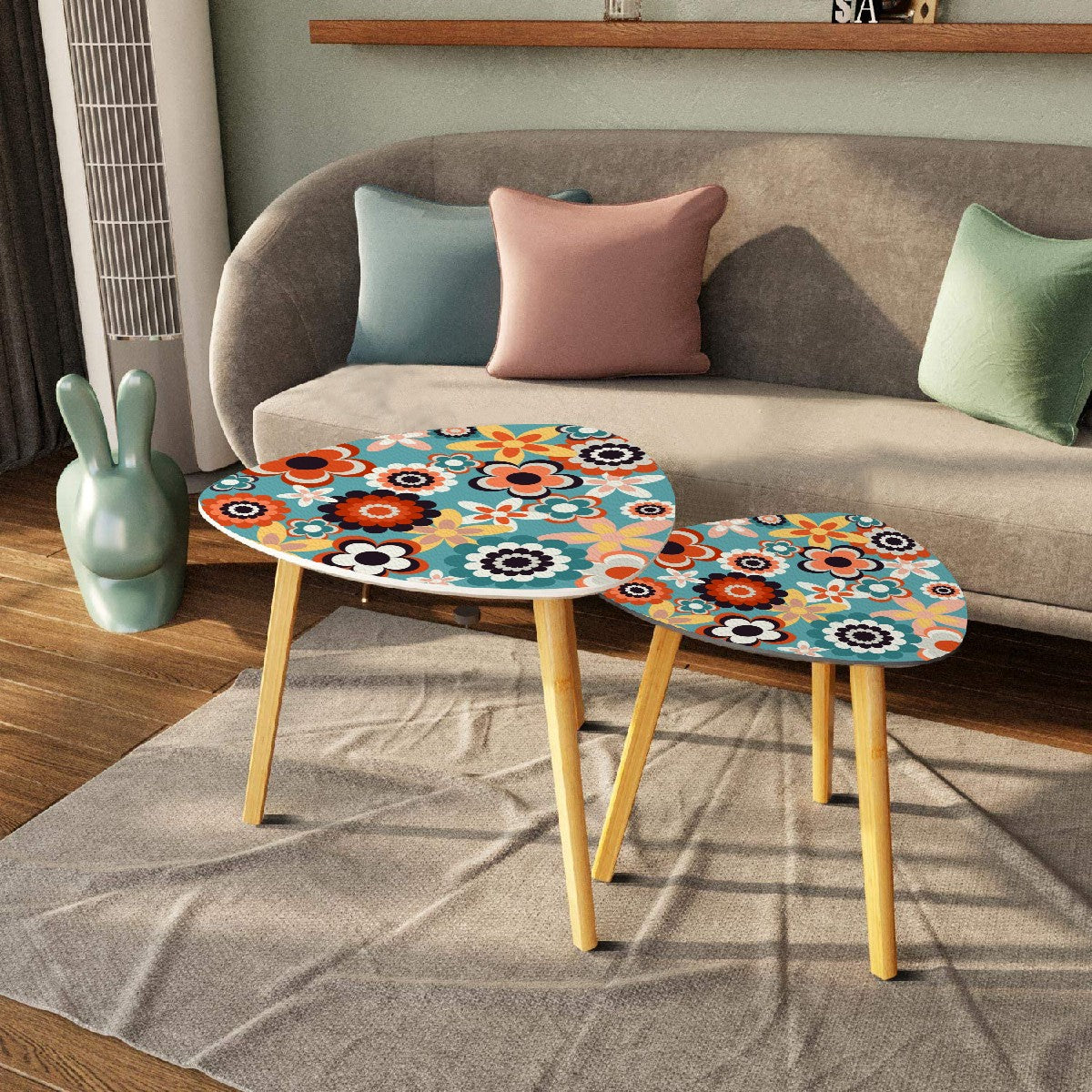 Retro 60s 70s Groovy Flowers Boho MCM Blue, Coral & Yellow Nesting Accent Tables