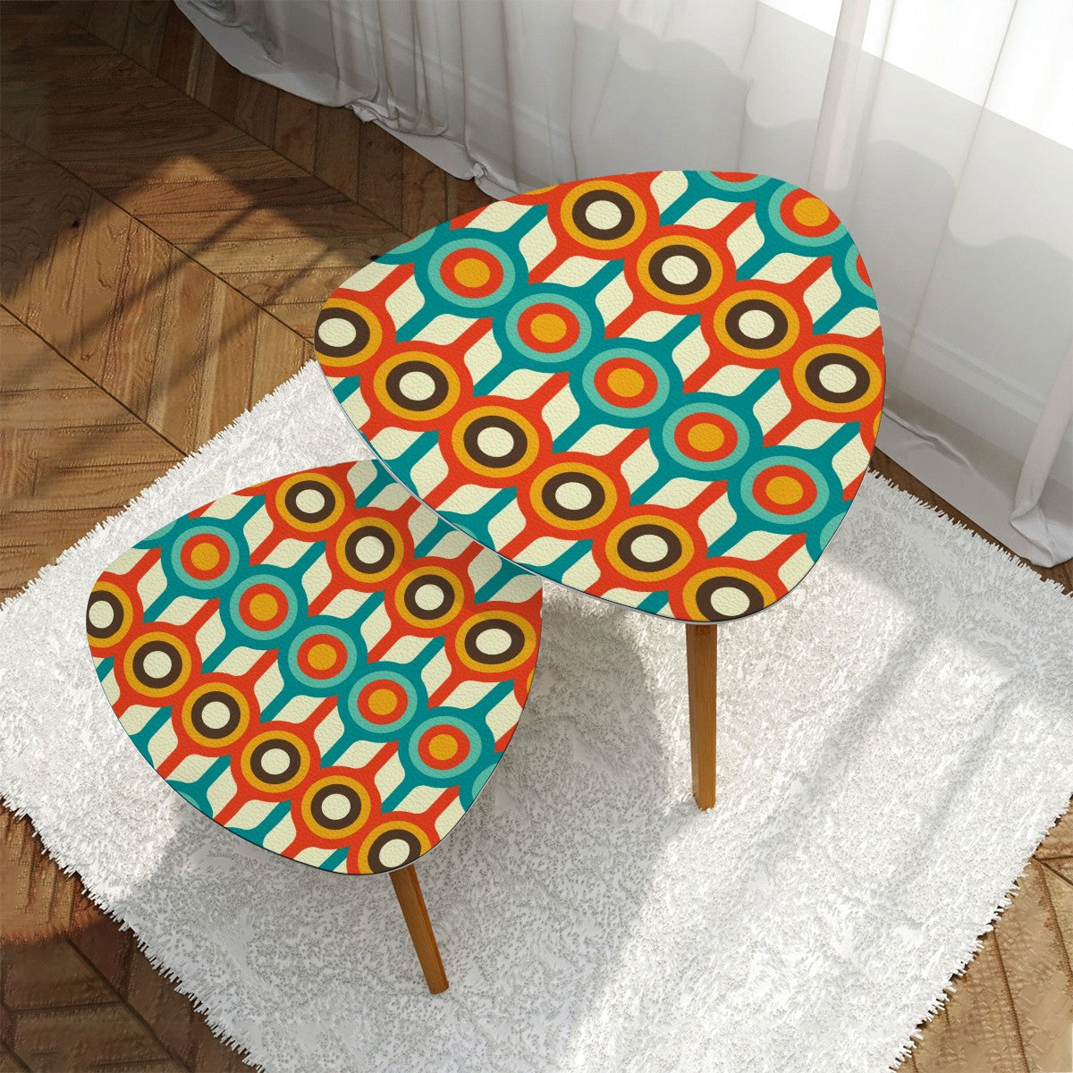 Retro 50s 60s Mid Century Mod Geometric Circles Blue, Orange & Brown Nesting Accent Tables