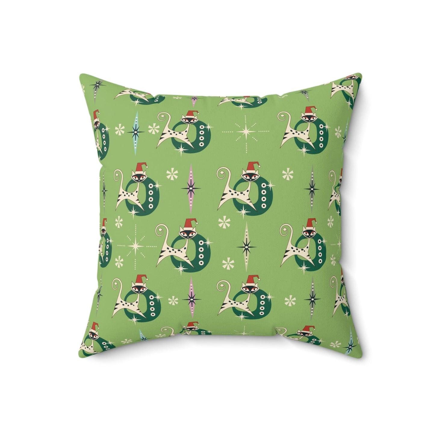 Retro 50s Kitsch Atomic Cats Mid Century Mod Light Green Christmas Throw Pillow | lovevisionkarma.com