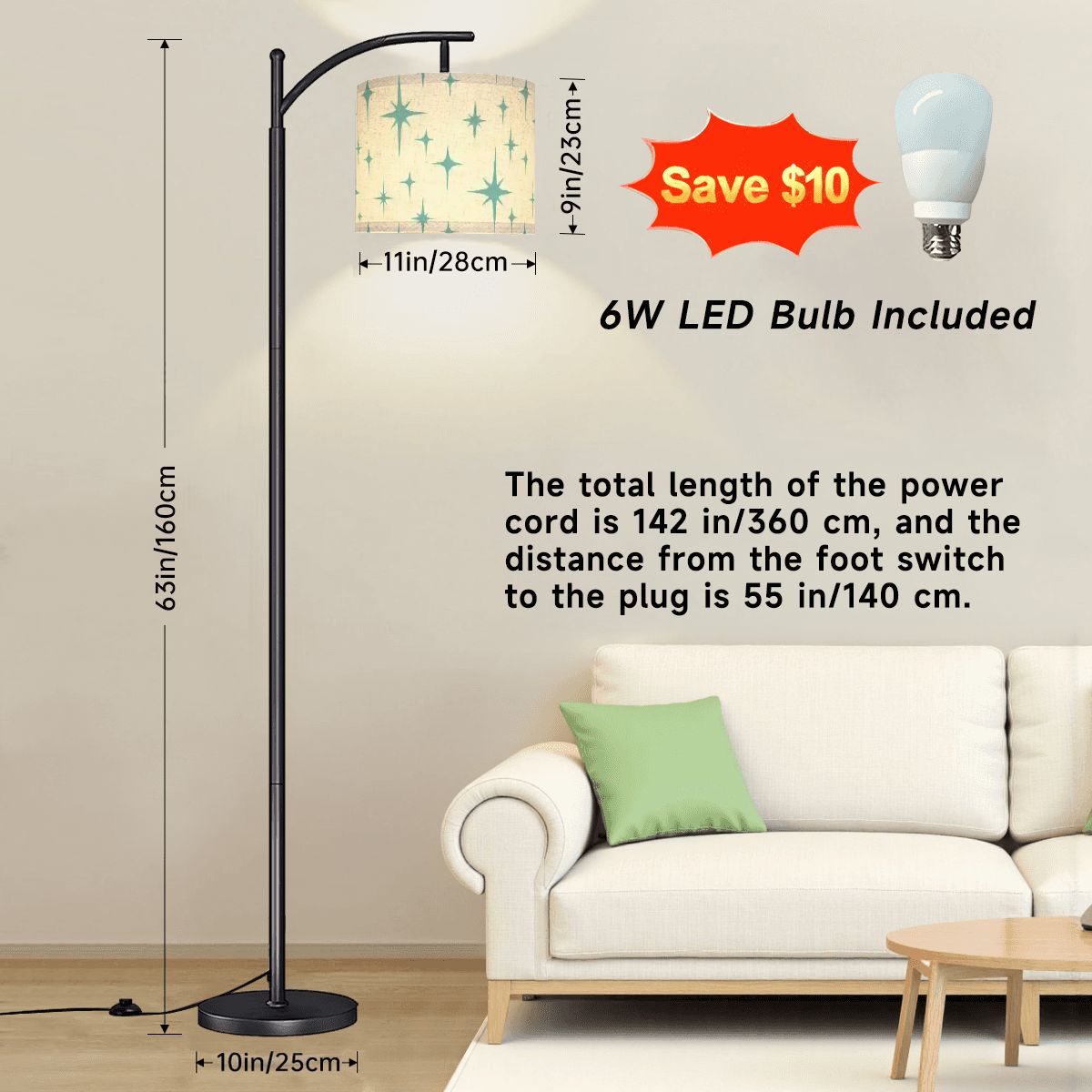 Retro 50s Atomic Starburst Mid Century Mod Blue and Off-White Arc Floor Lamp