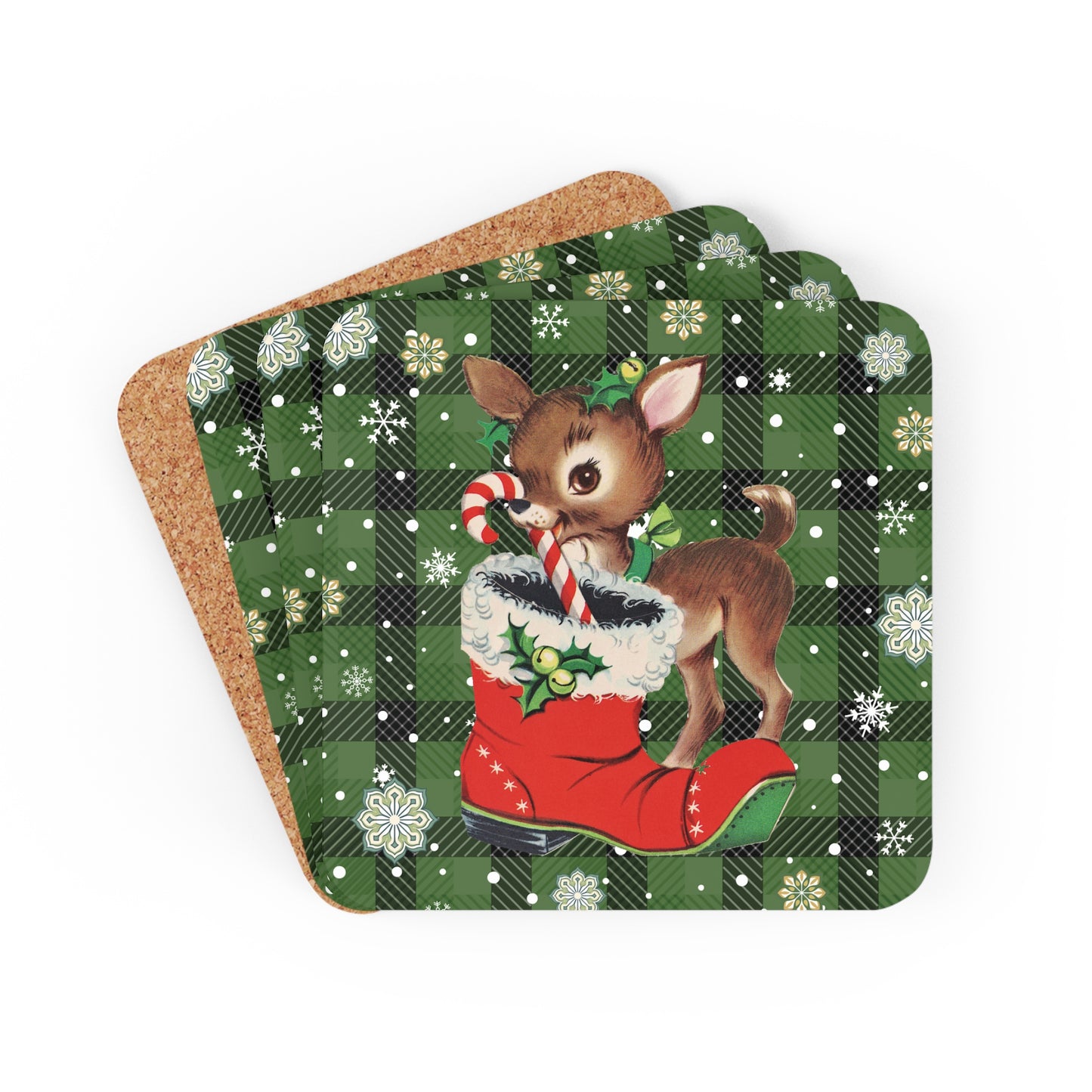 Retro 50s Christmas Vintage Reindeer MCM Green Coaster Set