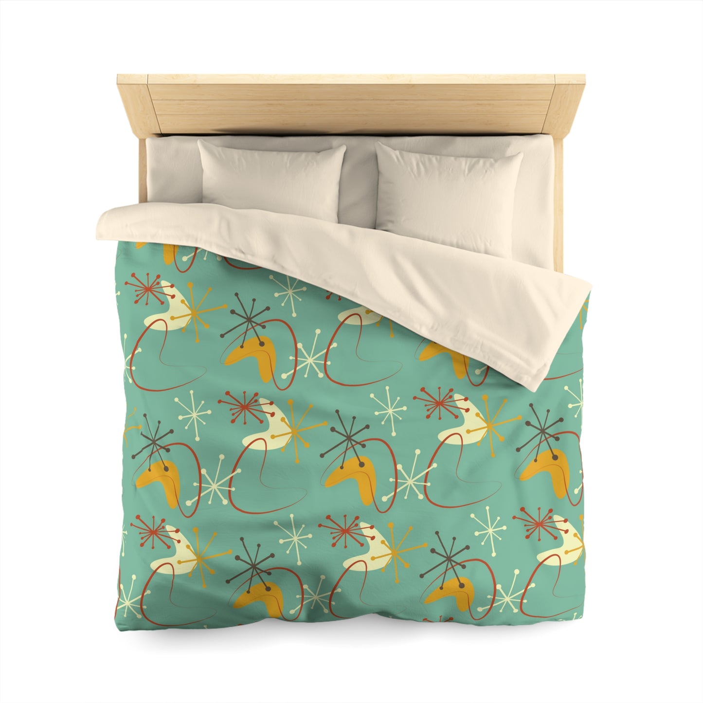 Retro Atomic Starburst & Boomerang Mid Century Blue & Mustard Duvet Cover