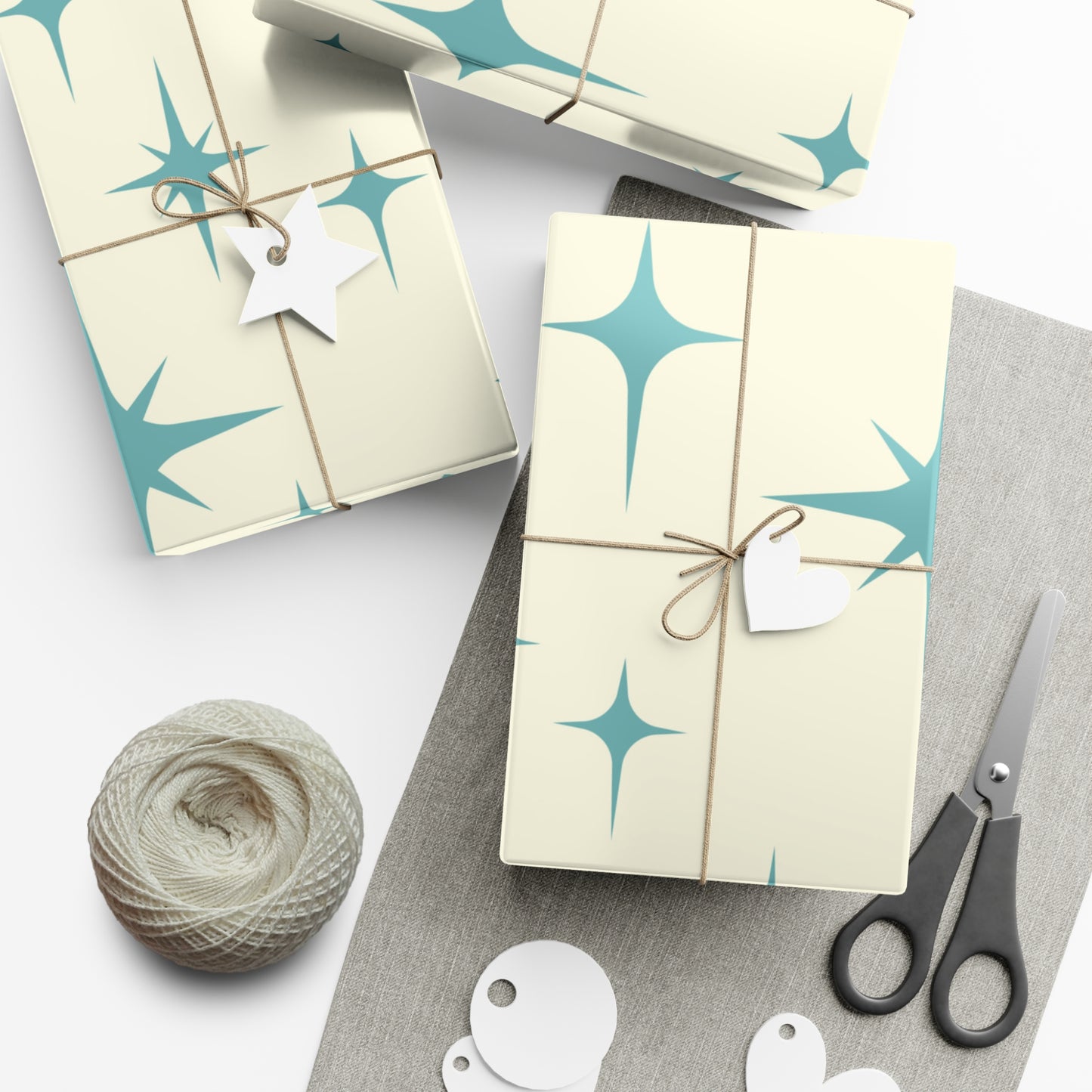Large Starburst Version of Retro Atomic Starburst MCM Off-White & Blue Gift Wrapping Paper