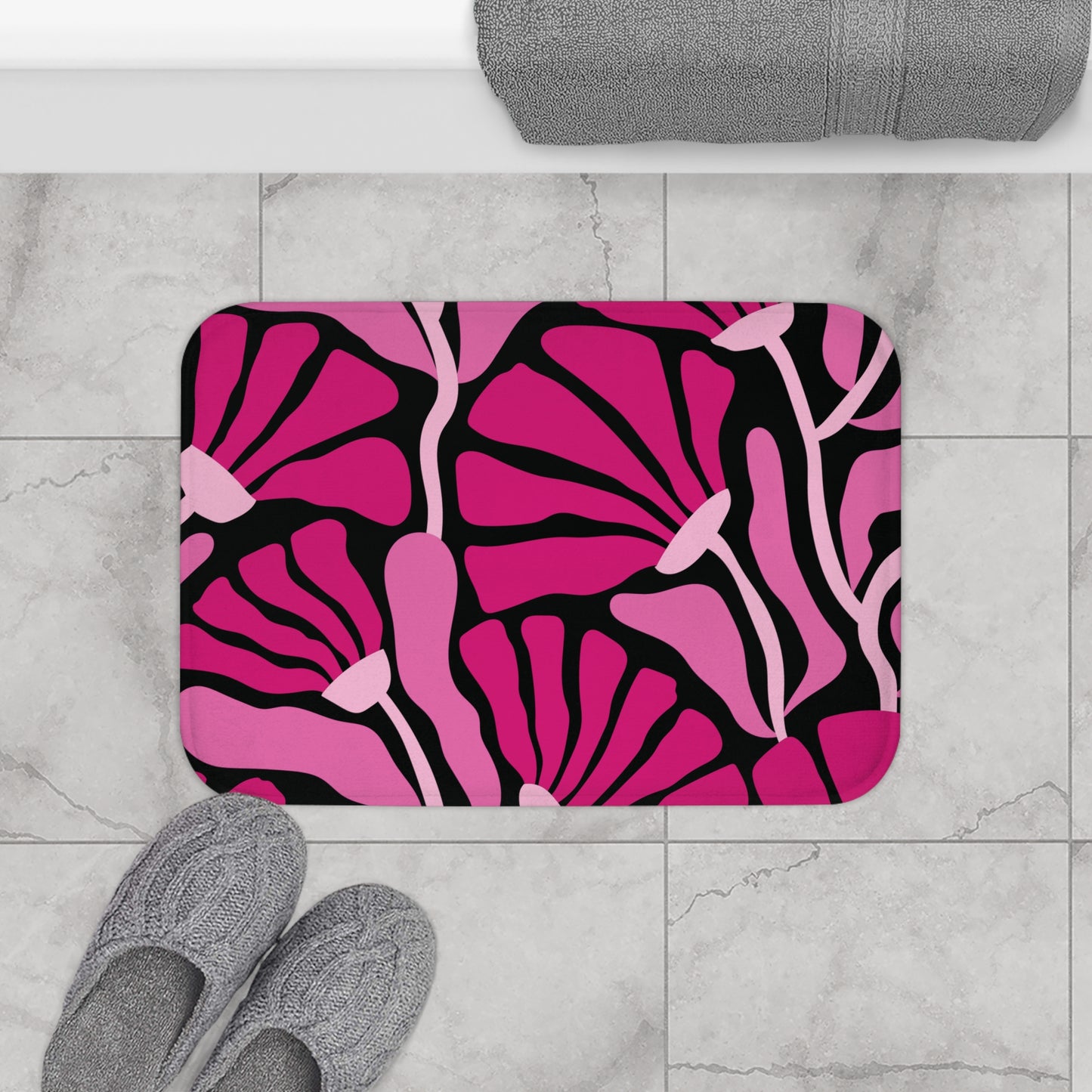Groovy Mod Minimalist Flowers MCM Black & Pink Bath Mat