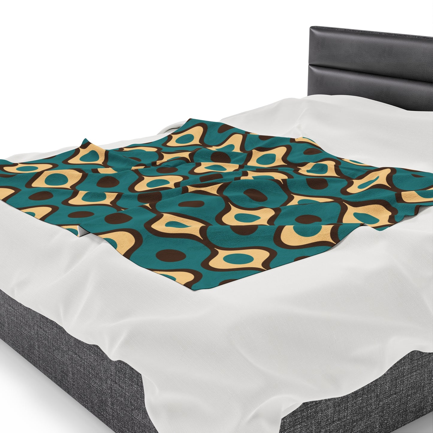 Retro 60s 70s Mid Century Mod Funky Geo Blue, Cream & Brown Lightweight Velveteen Blanket