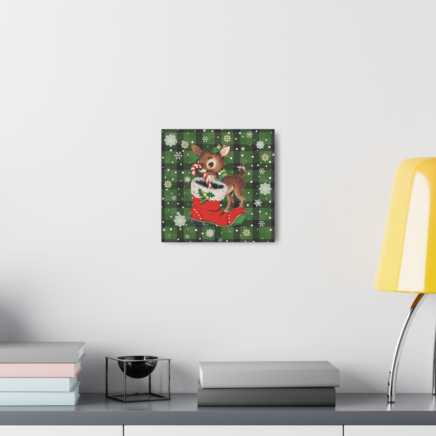 Retro 50s Christmas Vintage Reindeer MCM Green Canvas Gallery Wrap