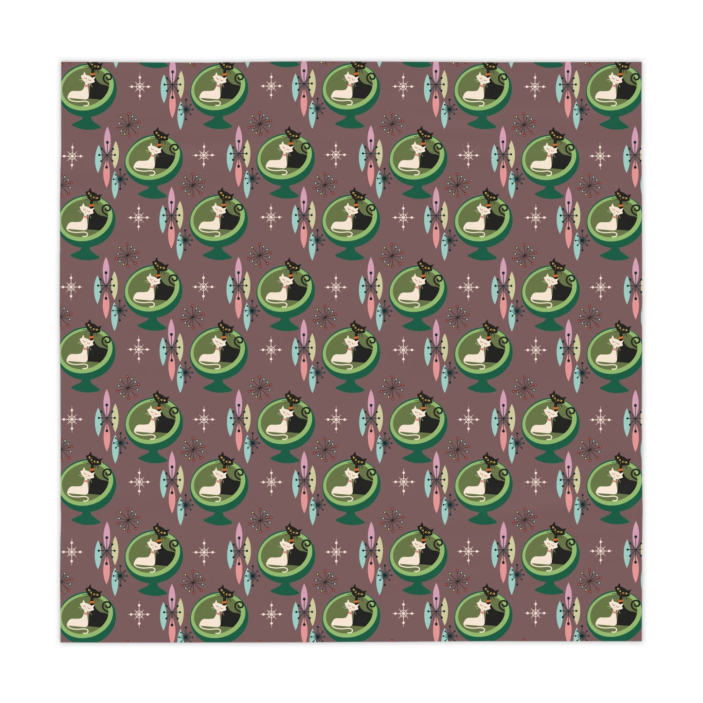 Retro 50s Space Age Atomic Cats in Ball Chair, Mid Century Mod Taupe Tablecloth