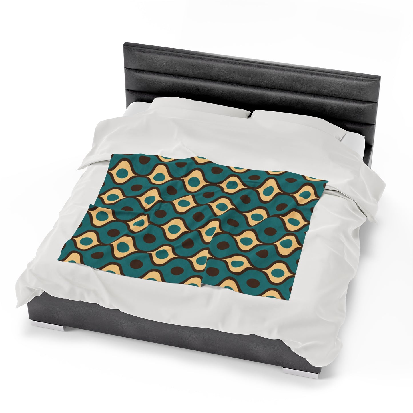 Retro 60s 70s Mid Century Mod Funky Geo Blue, Cream & Brown Lightweight Velveteen Blanket