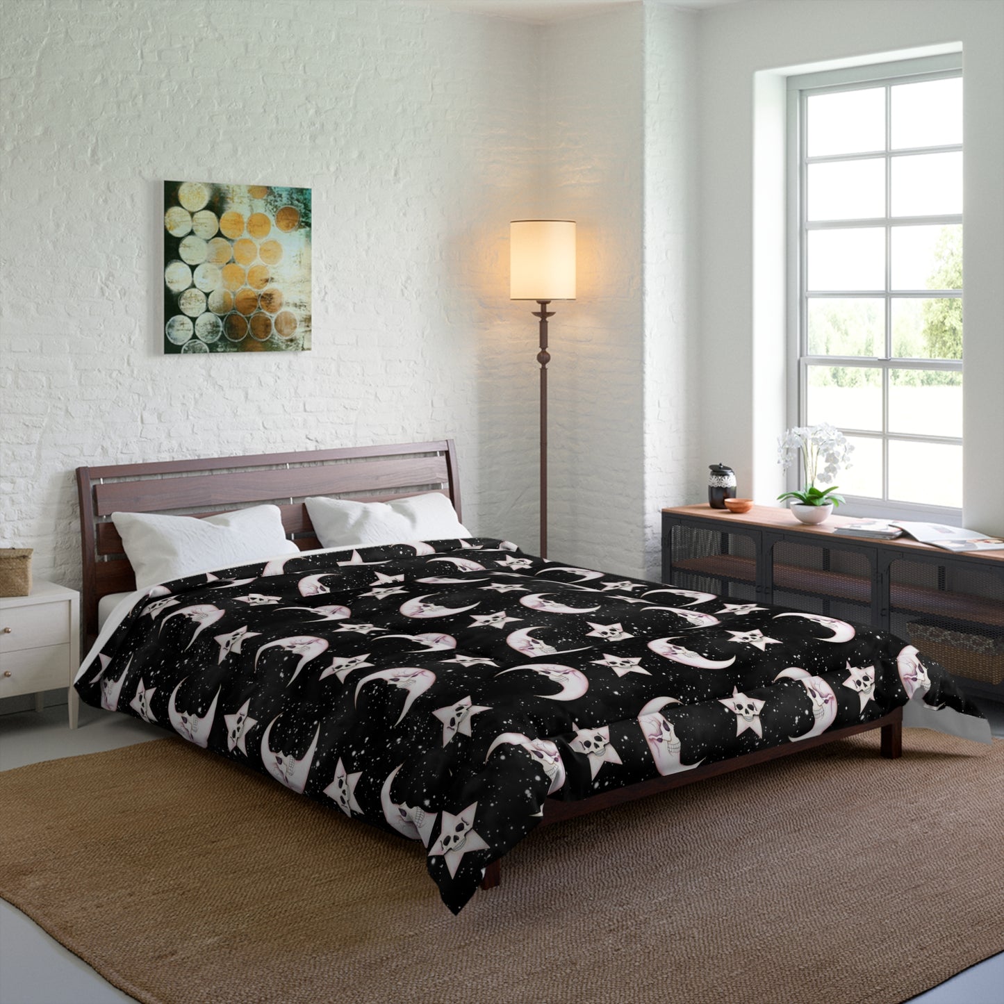 Celestial Macabre Moons and Skeletal Stars Kawaii Whimsigoth Glam Goth Black Comforter