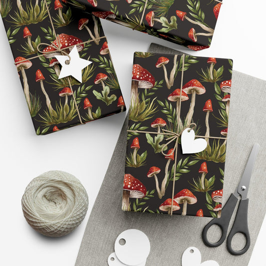 Amanita Muscaria Mushroom, Dark Cottagecore Watercolor Style Black, Red & Green Eco-Friendly Gift Wrap | lovevisionkarma.com
