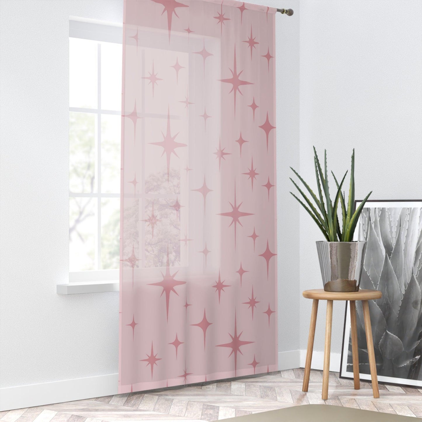 Retro 50s Pink Atomic Starburst Mid Century Modern Sheer Window Curtain | lovevisionkarma.com